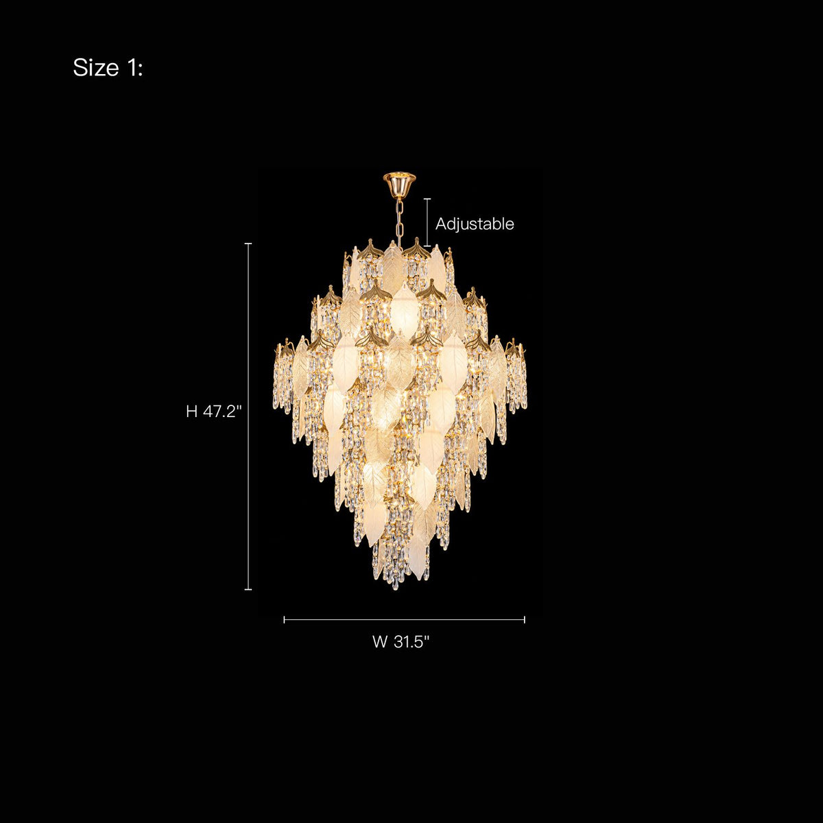 Aevum Grand Cascading Gold K9 Crystal Chandelier dimensions — W 31.5" (80cm), H 47.2" (120cm), adjustable chain/cord, tiered crystal and gold leaf design, black background specification | Sofary Lighting