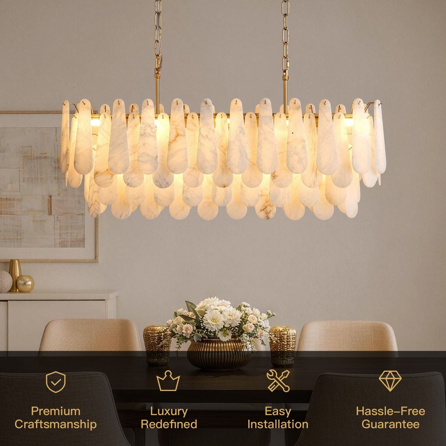 Apex Modern Minimalist Alabaster Linear Chandelier key features: Premium Craftsmanship, Luxury Redefined, Easy Installation, Hassle-Free Guarantee — displayed over a dark dining table with white floral centerpiece | Sofary Lighting