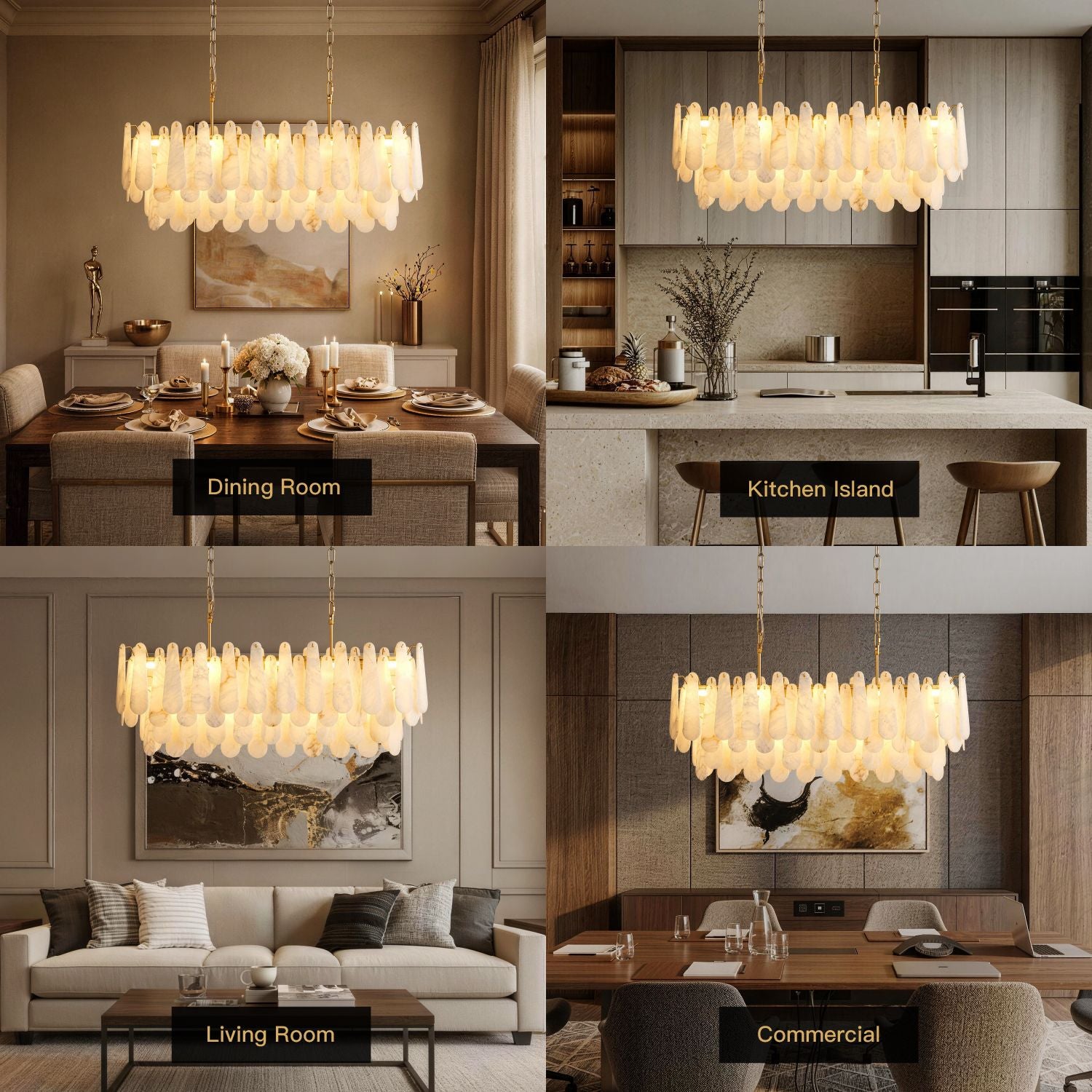 Apex Modern Minimalist Alabaster Linear Chandelier in 4 real-life settings: Dining Room (dark wood table), Kitchen Island (modern kitchen with bar stools), Living Room (beige sofa with decorative pillows), and Commercial (conference table setup) | Sofary Lighting