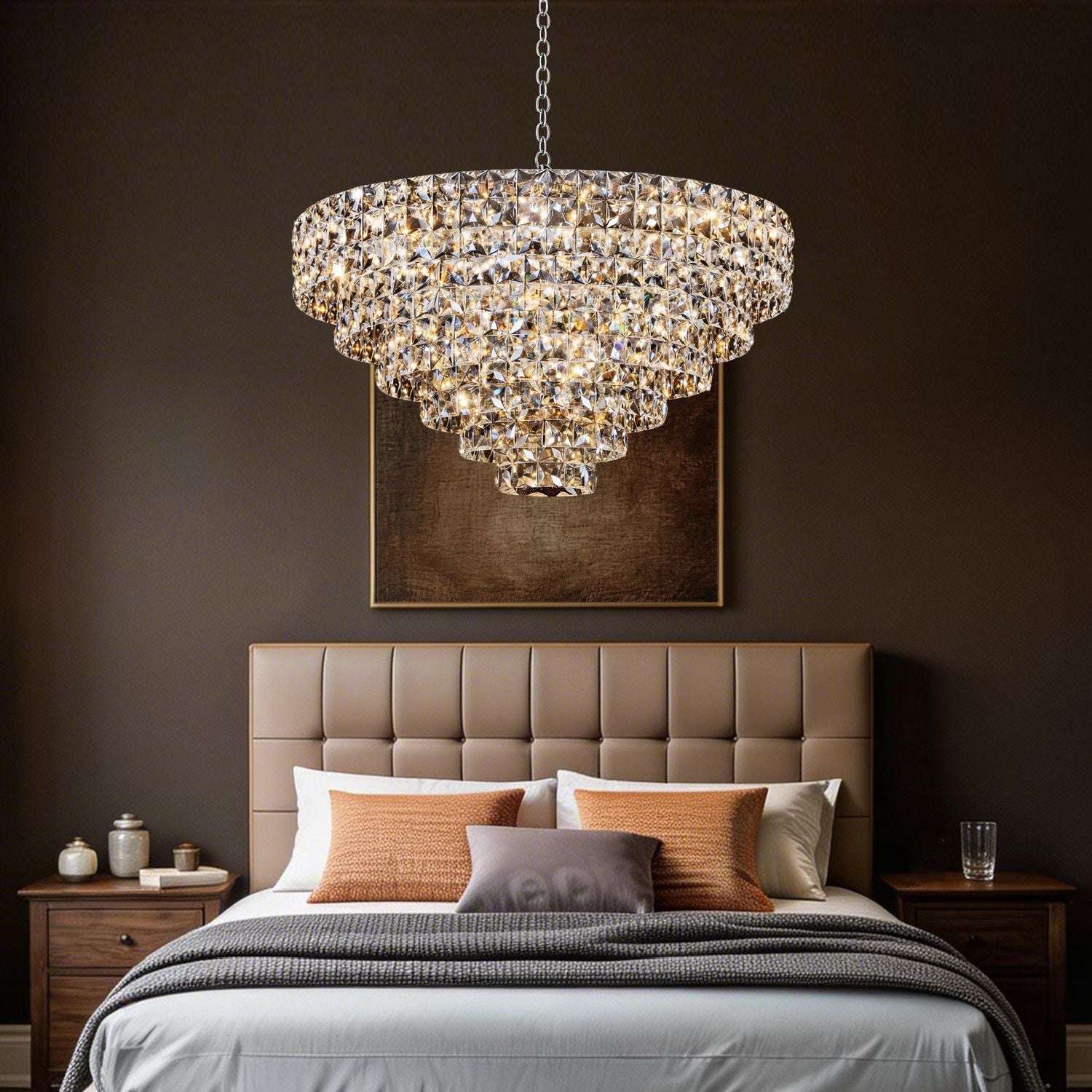 Aria Modern Gold K9 Crystal Glacier Chandelier in a serene bedroom — softly illuminating a tufted headboard, crisp linens, and warm wood tones for romantic, restful ambiance | Sofary Lighting