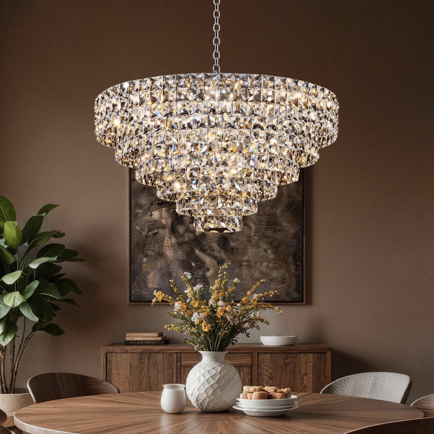 Aria Modern Gold K9 Crystal Glacier Irregular Three-Color Dimming Chandelier — front view showcasing layered crystal tiers, warm gold lighting, and irregular glacier-cut design for maximum sparkle | Sofary Lighting