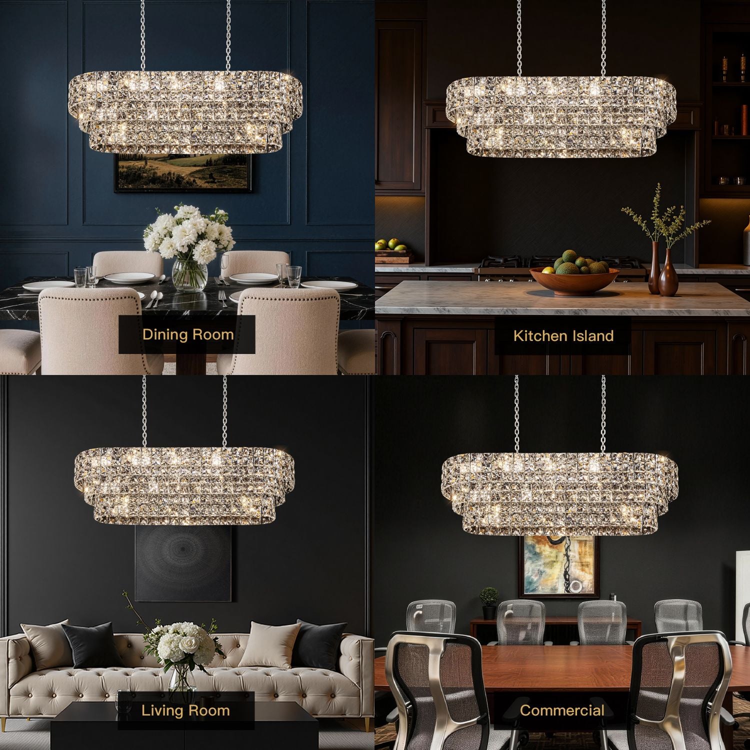 Aria Post-Modern Champagne Gold K9 Crystal Linear Three-Color Dimming Chandelier scene collage: Dining Room, Living Room, Bedroom, Foyer — showcasing versatile modern luxury | Sofary Lighting