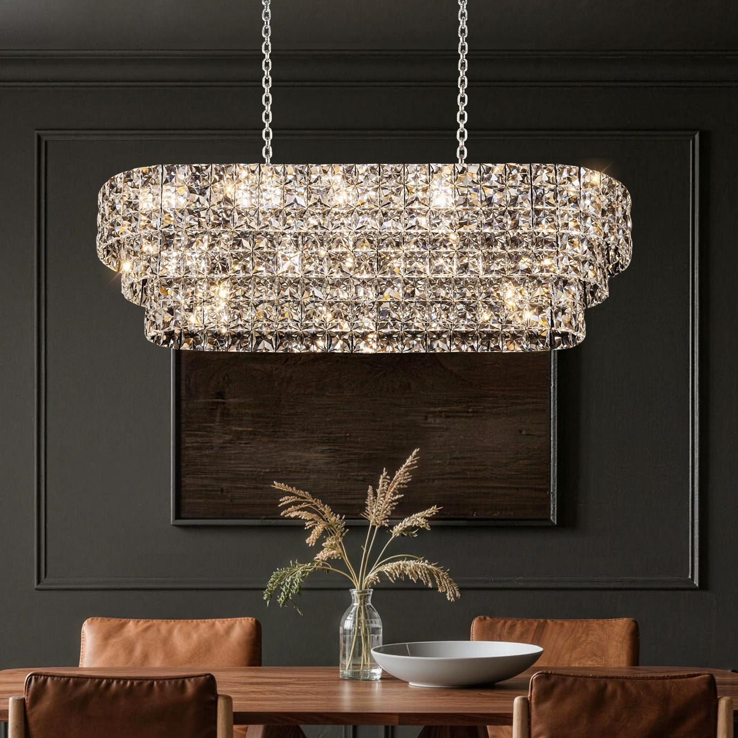 Aria Post-Modern Champagne Gold K9 Crystal Linear Three-Color Dimming Chandelier — front view highlighting tiered crystal rows, warm champagne gold lighting, and linear design for modern interiors | Sofary Lighting