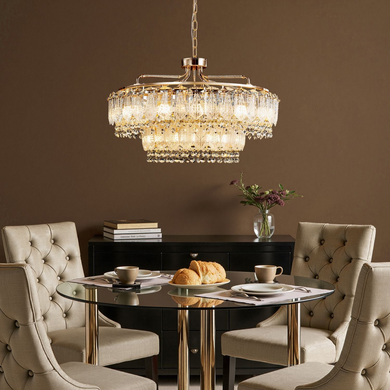 Astro Italian Mid-Century Modern Chrome Stainless Steel Double Tiered Satellite Chandelier illuminates a dining room with a dark marble table, beige tufted chairs, and modern art, blending retro and contemporary aesthetics | Sofary Lighting