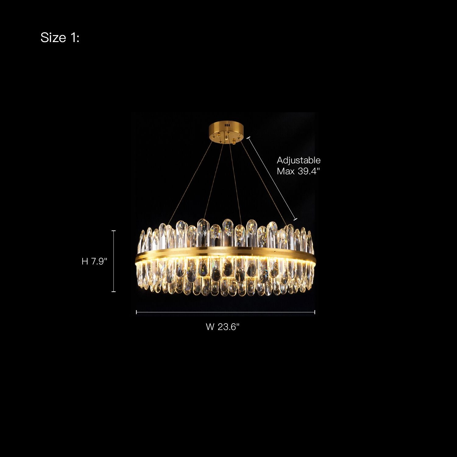 Size 1 diagram for Aurelia Modern Luxury Champagne Gold K9 Crystal Chandelier: H 7.9" (adjustable max 39.4"), W 23.6" | Sofary Lighting