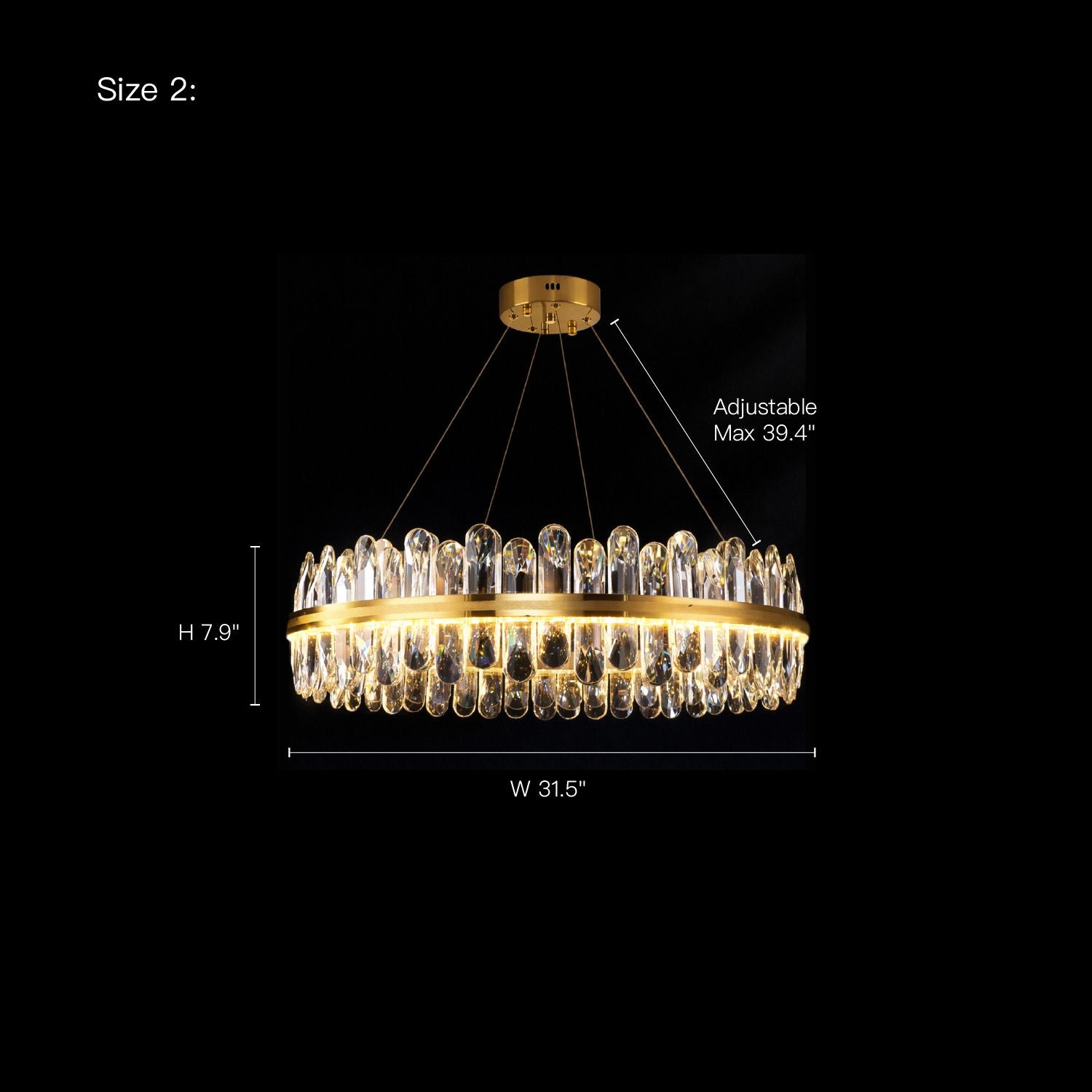 Size 2 diagram for Aurelia Modern Luxury Champagne Gold K9 Crystal Chandelier: H 18.9", 2 Rings (W 31.5" + 19.7"), adjustable height | Sofary Lighting