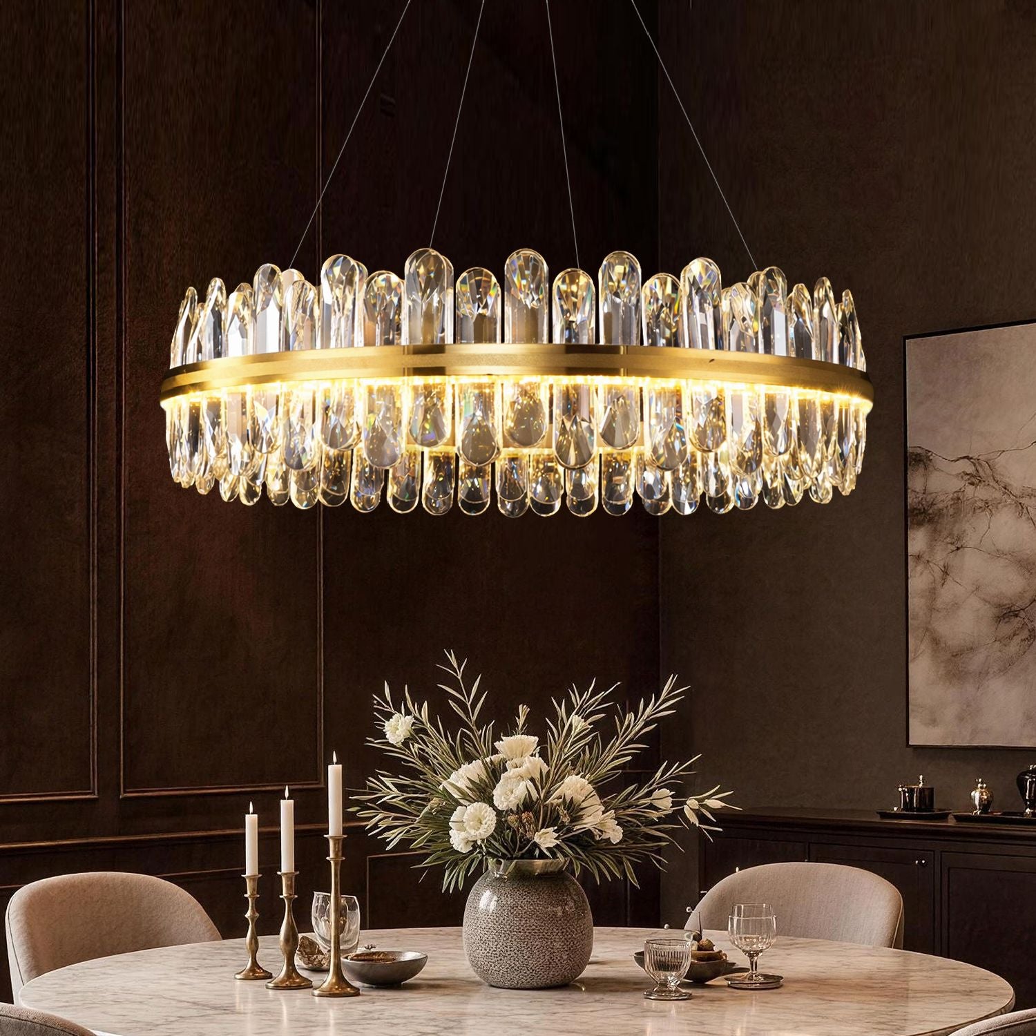 Aurelia Modern Luxury Champagne Gold K9 Crystal Chandelier — front view highlighting tiered crystal drops, reflective champagne gold frame, and modern luxury design for statement lighting | Sofary Lighting