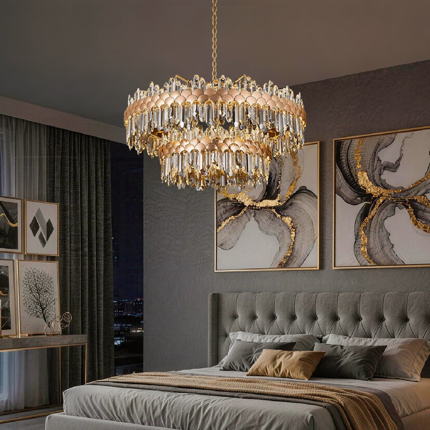 aurelio modern gold k9 crystal double tiered three color dimming chandelier installed in bedroom with soft adjustable lighting | Sofary Lighting