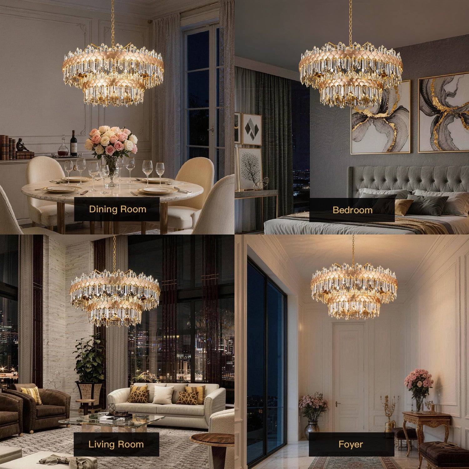 aurelio modern gold k9 crystal double tiered three color dimming chandelier for dining room bedroom living room and foyer lighting | Sofary Lighting
