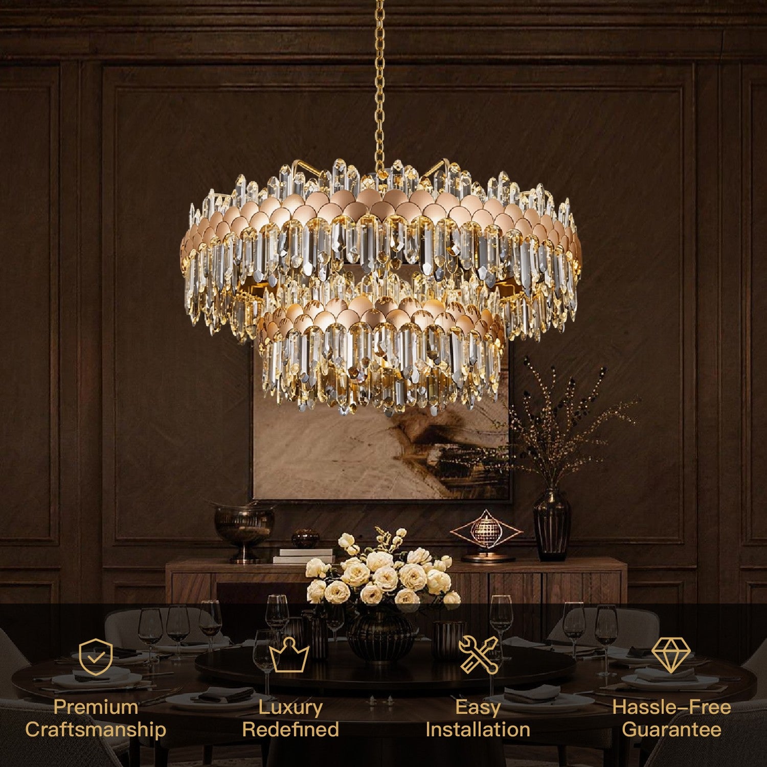 aurelio modern gold k9 crystal double tiered three color dimming chandelier with premium craftsmanship luxury design and easy installation | Sofary Lighting