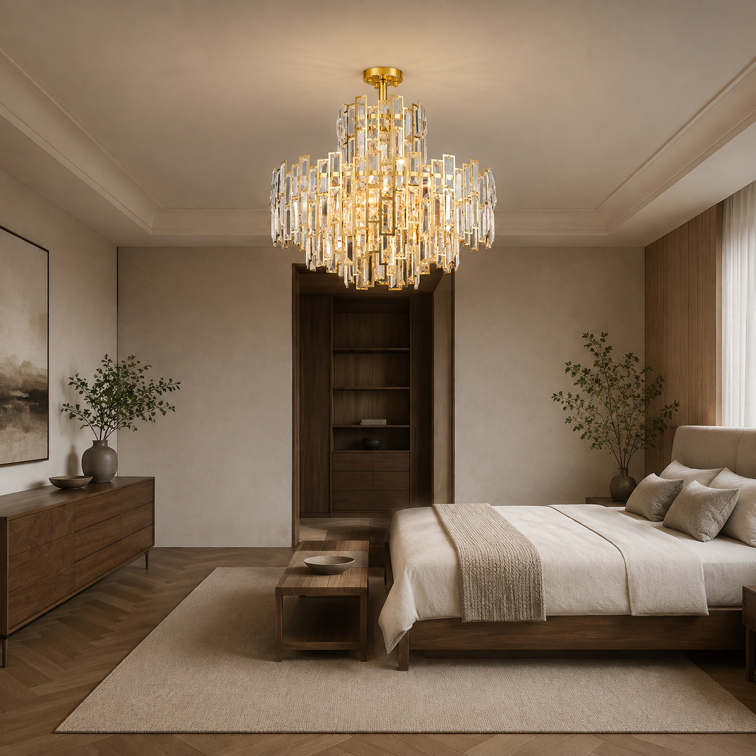 Aurelisse Luxury Gold Crystal Tiered Round Chandelier bedroom room