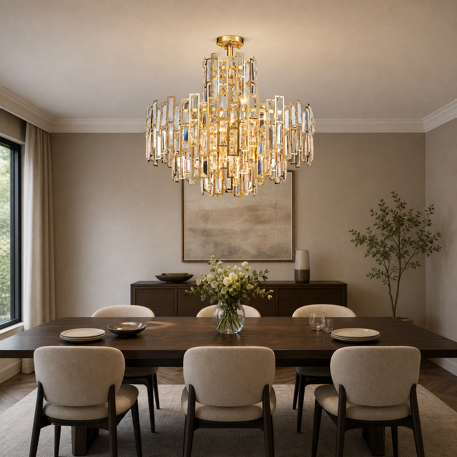Aurelisse Luxury Gold Crystal Tiered Round Chandelier dining room
