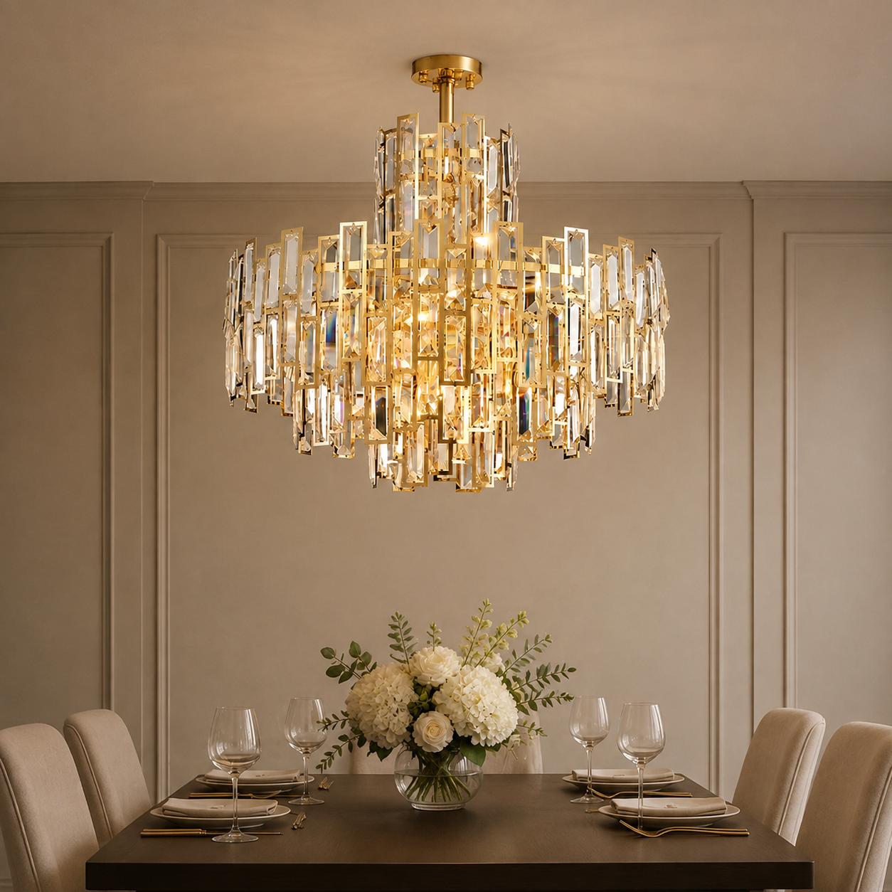Aurelisse Luxury Gold Crystal Tiered Round Chandelier main dining room