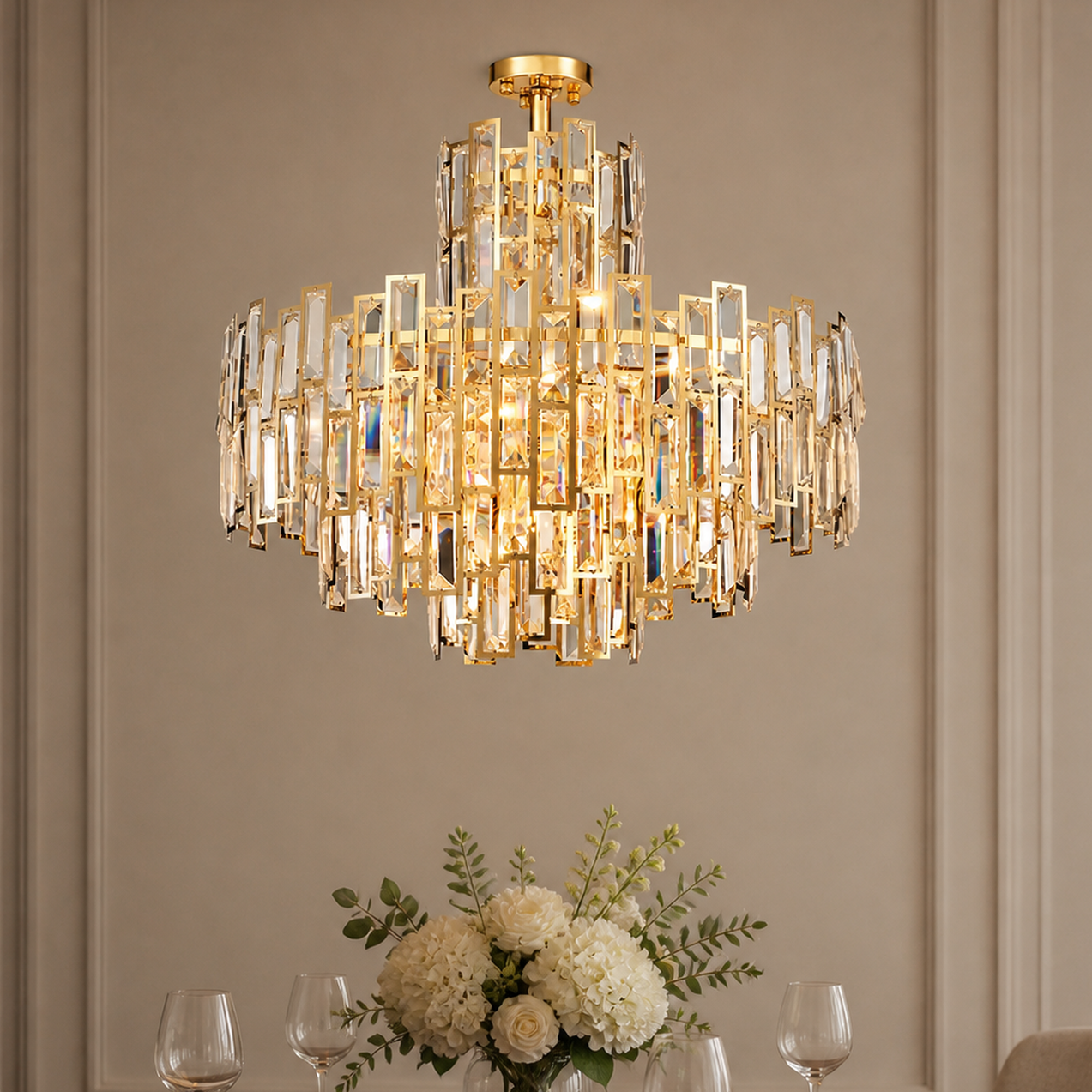 Aurelisse Luxury Gold Crystal Tiered Round Chandelier main dining room