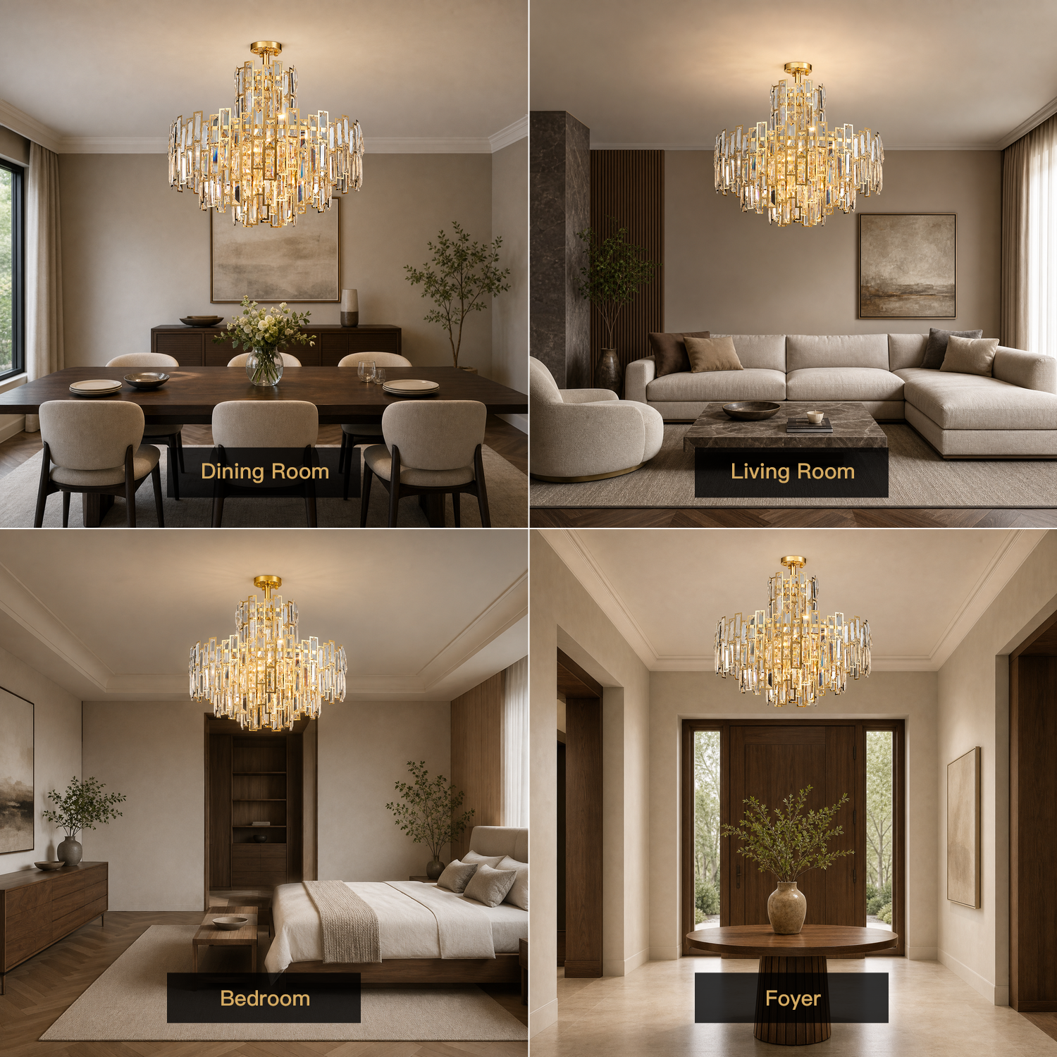 Aurelisse Luxury Gold Crystal Tiered Round Chandelier scene collage round