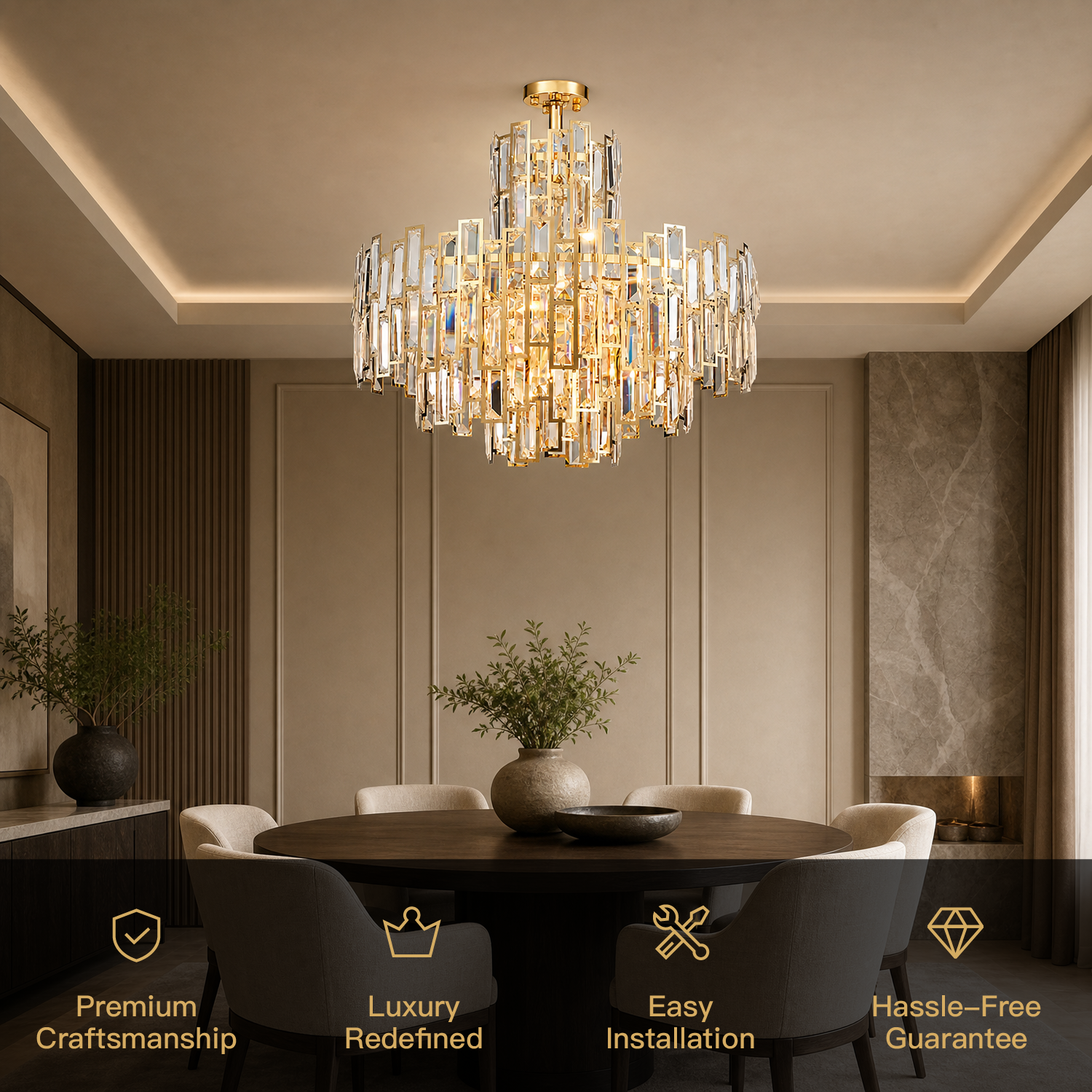 Aurelisse Luxury Gold Crystal Tiered Round Chandelier selling points luxury
