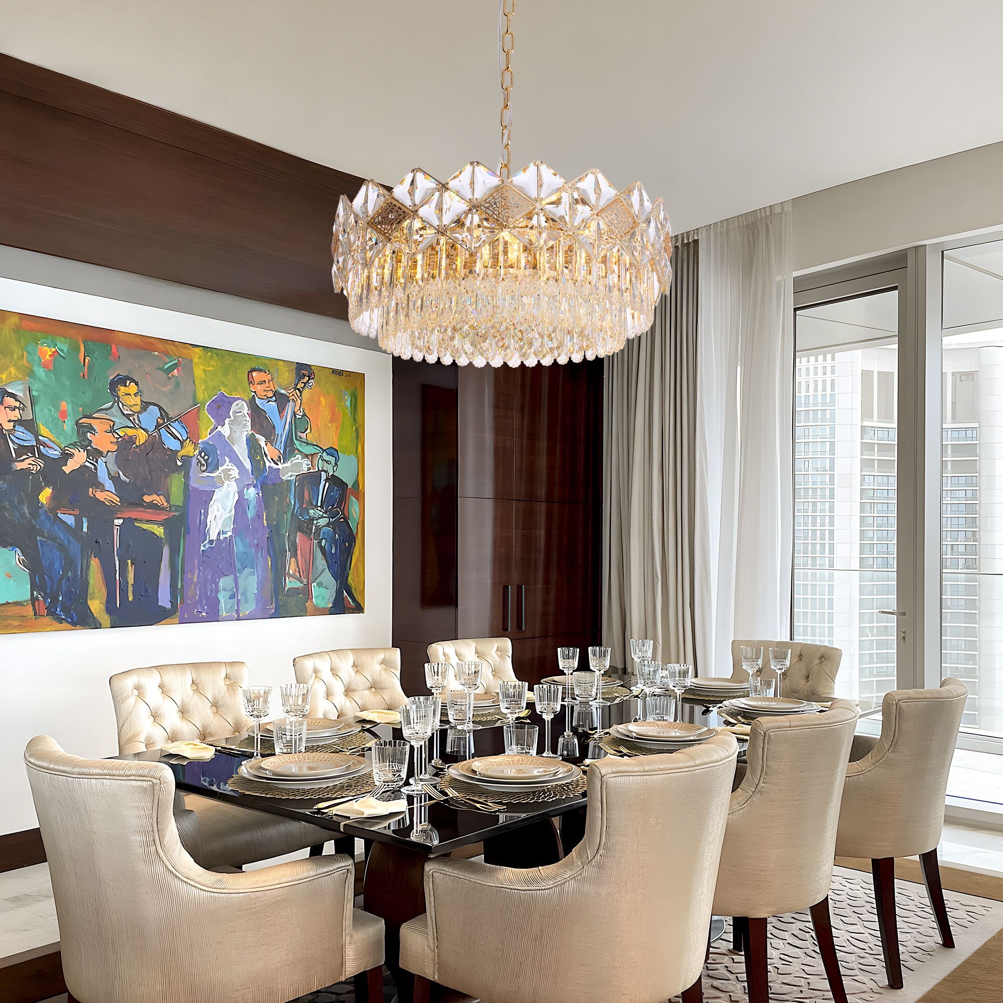 Aureme Chandelier above a formal dining table — dark wood table, cream upholstered chairs, colorful artwork, and sophisticated evening ambiance | Sofary Lighting