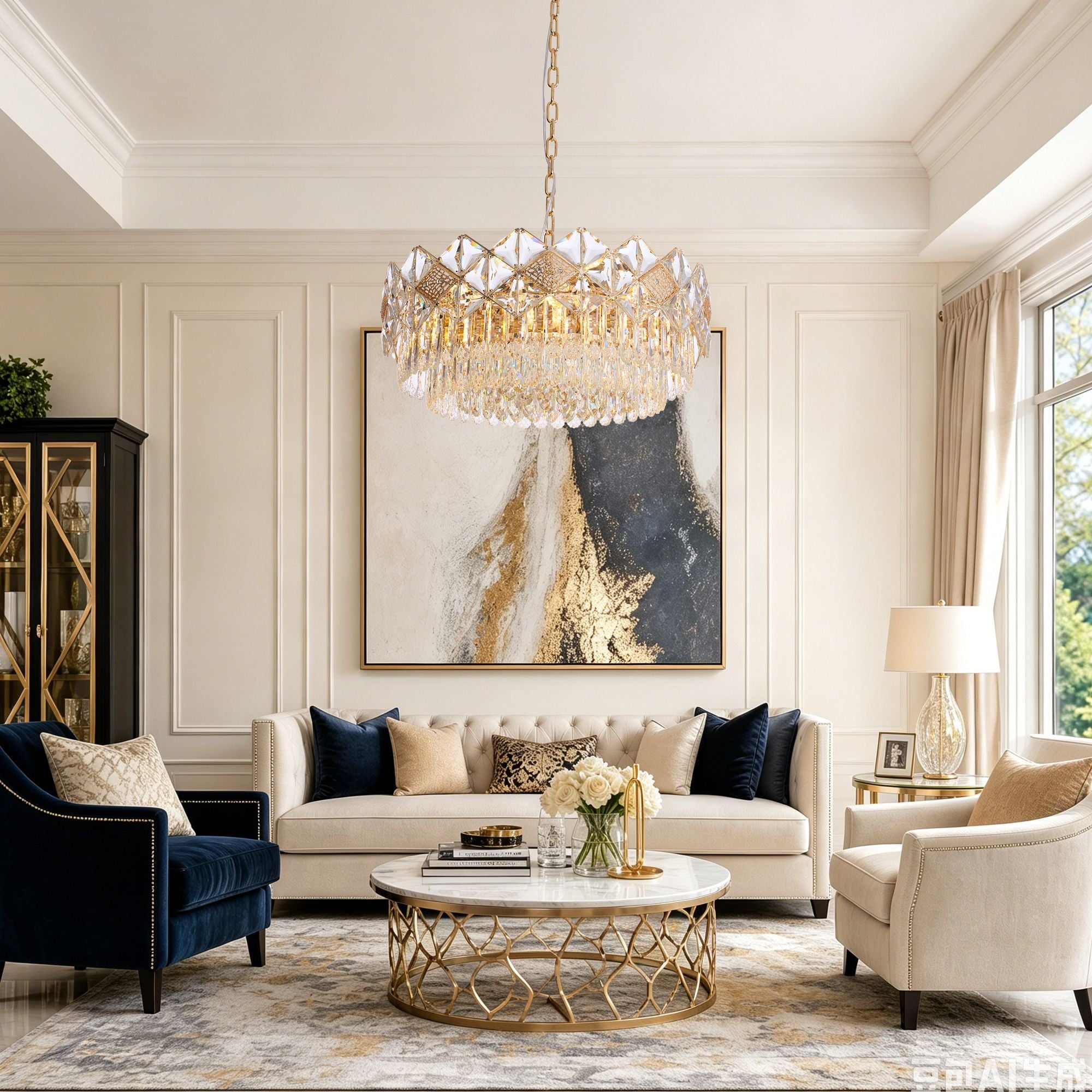 Aureme Chandelier in a bright living room — cream sofa, navy accent chairs, gold side table, and large abstract art under soft natural light | Sofary Lighting