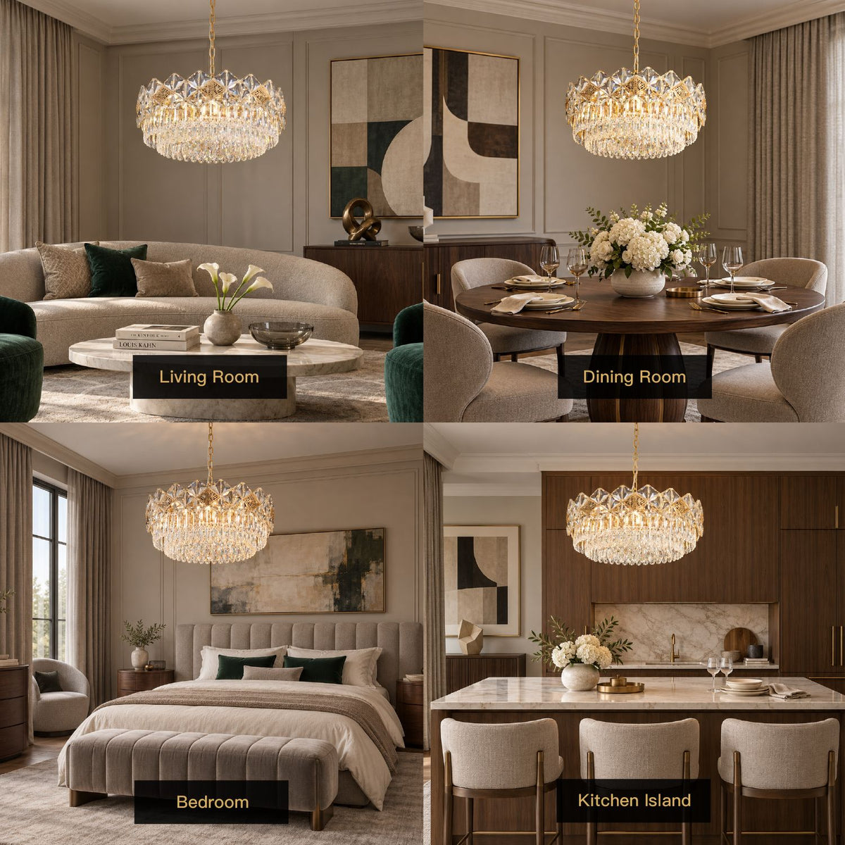 Aureme modern luxury pleated glass chandelier in 4 scenes — living room, dining room, bedroom, kitchen island. Gold frame, crystal pleated glass shade, warm luxury lighting for elegant home decor | Sofary Lighting