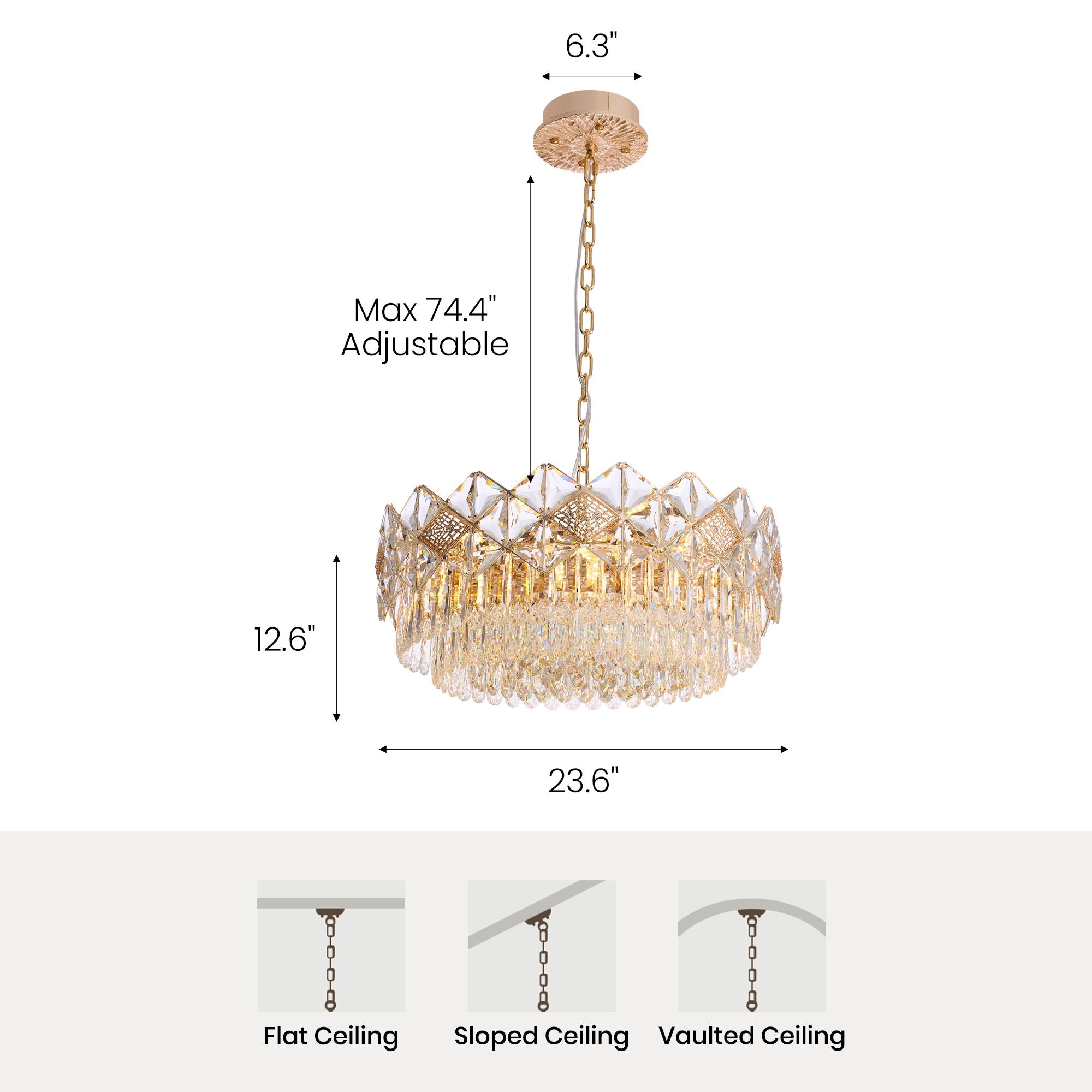 Aureme Chandelier dimensions — Diameter 23.6", Height 12.6" (adjustable up to 74.4"), suitable for flat, sloped, and vaulted ceilings | Sofary Lighting