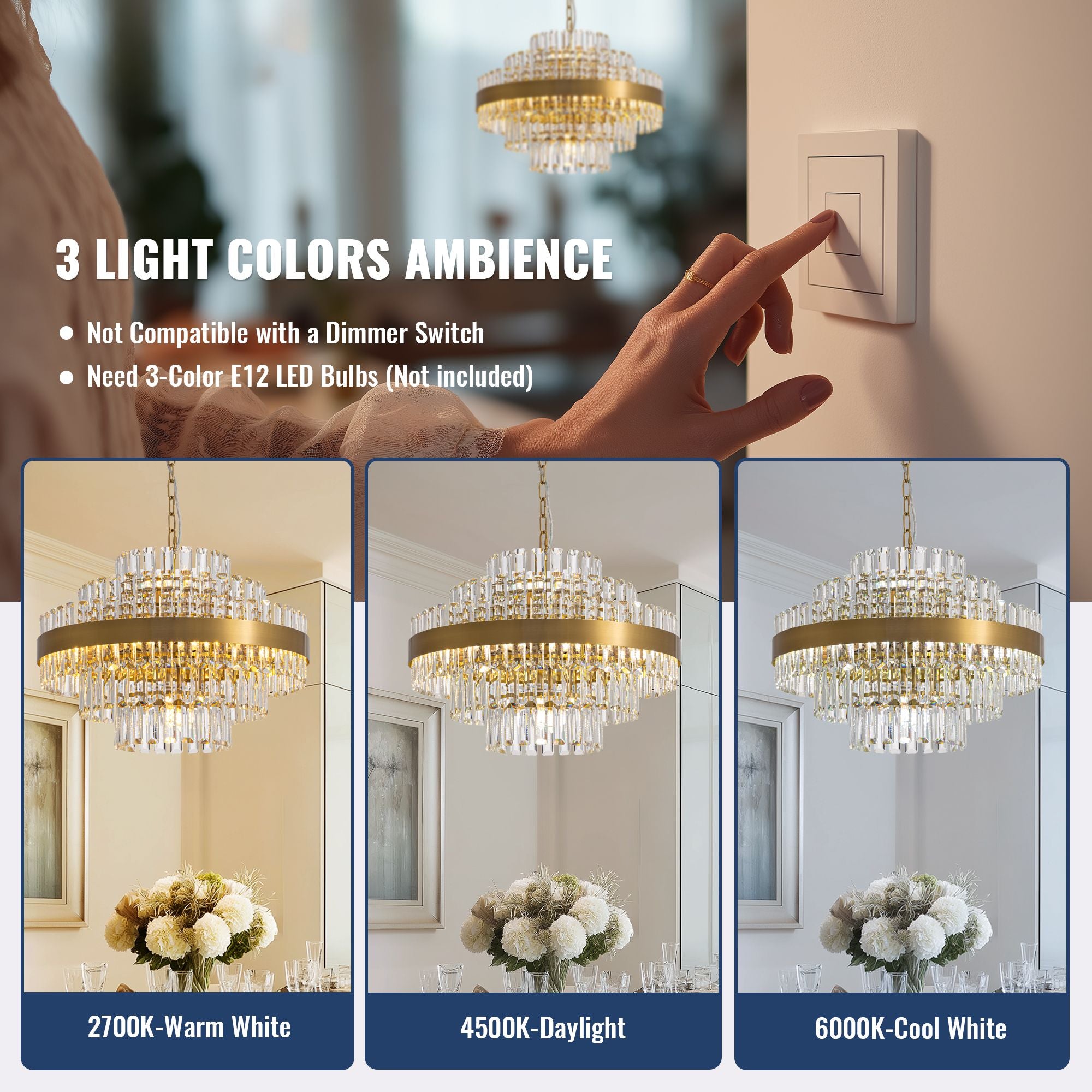 Aureole Chandelier 3 light color ambience — 2700K warm white, 4500K daylight, 6000K cool white; requires 3-color E12 LED bulbs (not included) | Sofary Lighting