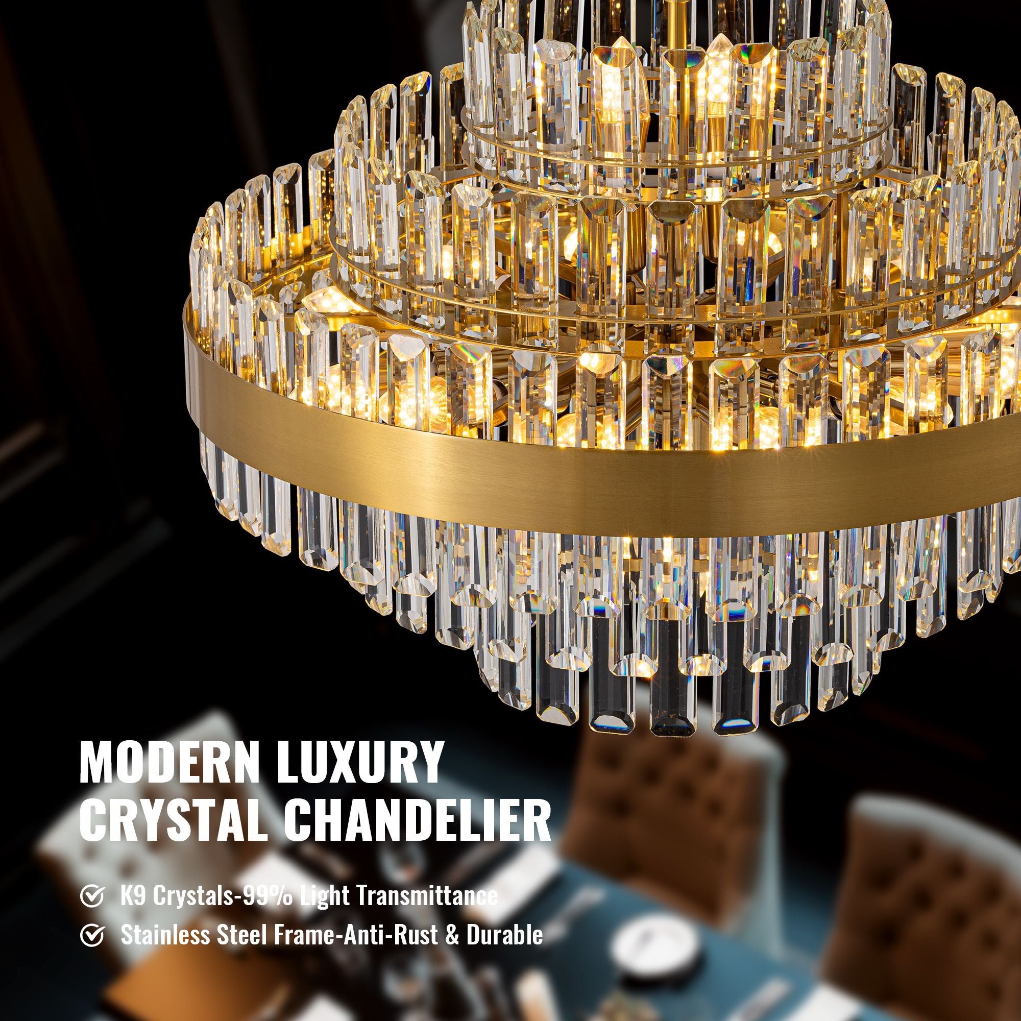 Close-up of Aureole Chandelier — modern luxury crystal design, K9 crystals with 99% light transmittance, anti-rust stainless steel frame | Sofary Lighting
