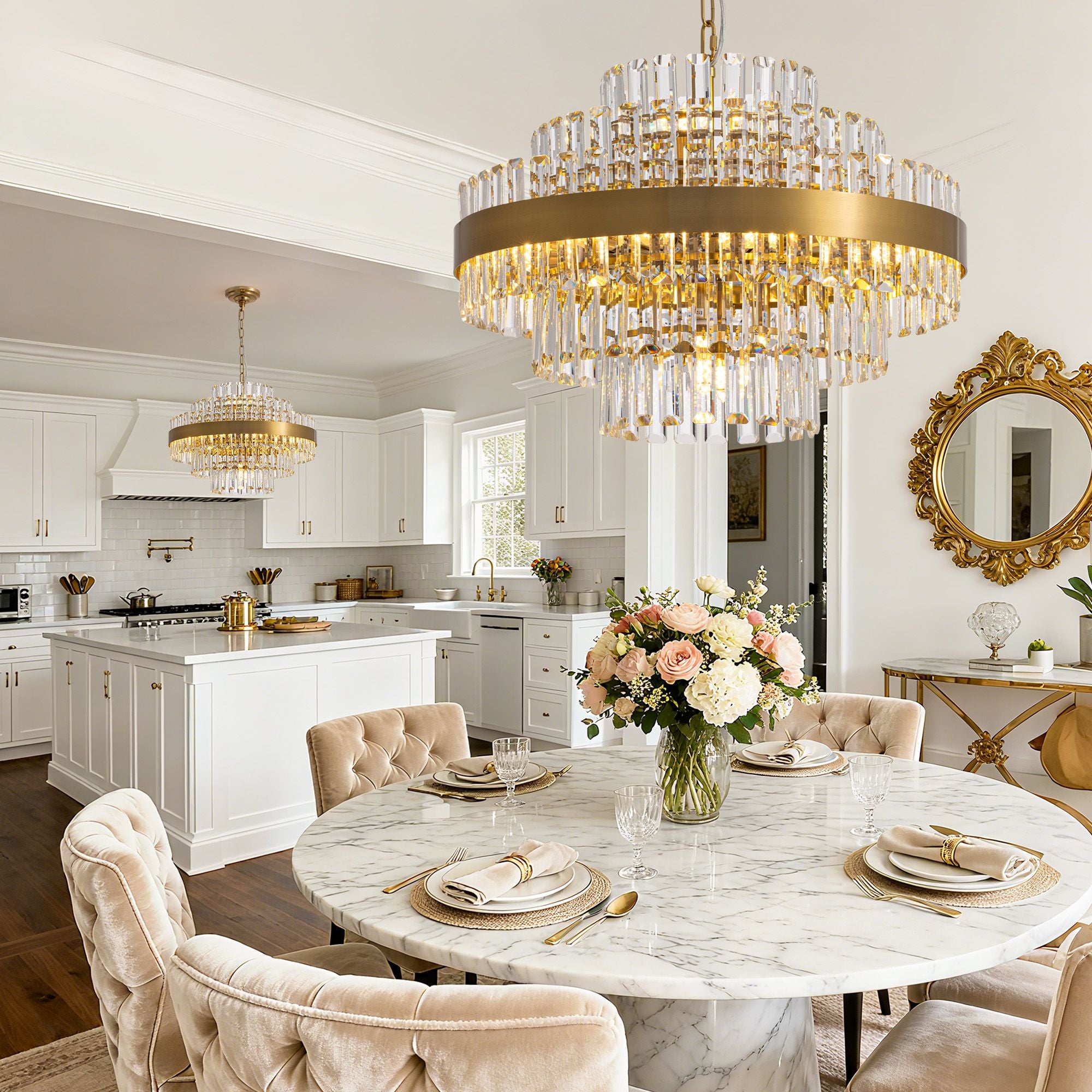 Aureole Crystal Chandelier above marble dining table — elegant place settings, warm ambient glow, perfect for formal dinners and entertaining | Sofary Lighting