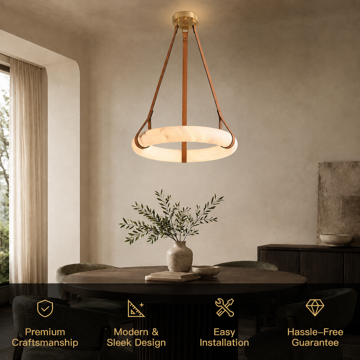 aurestra gold alabaster leather ring chandelier features