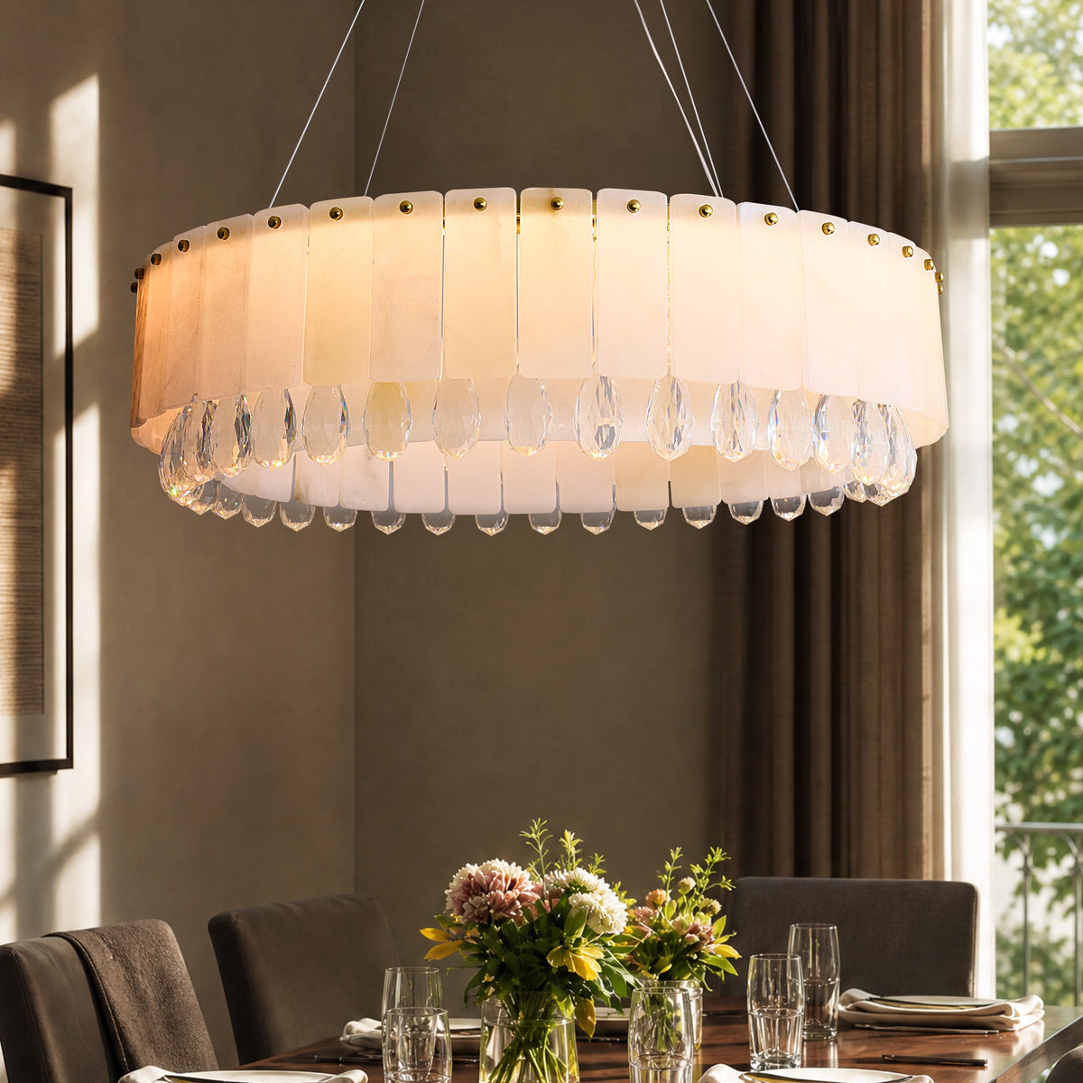 aurevia modern luxury gold natural alabaster crystal round chandelier dining room close up sofary lighting