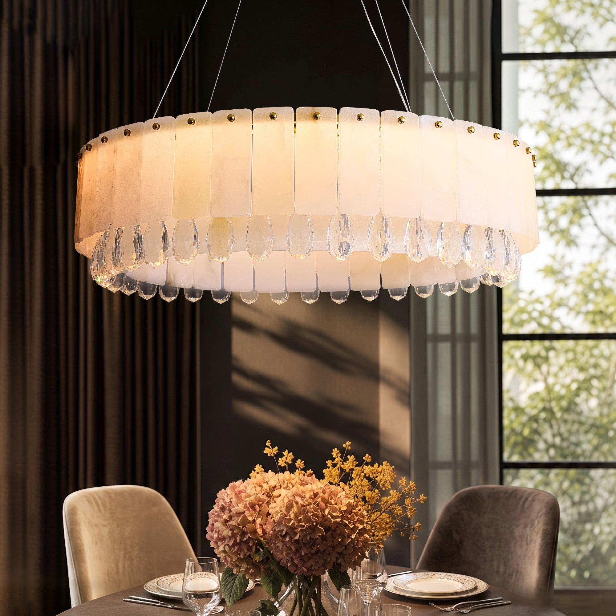 aurevia modern luxury gold natural alabaster crystal round chandelier dining room hero sofary lighting