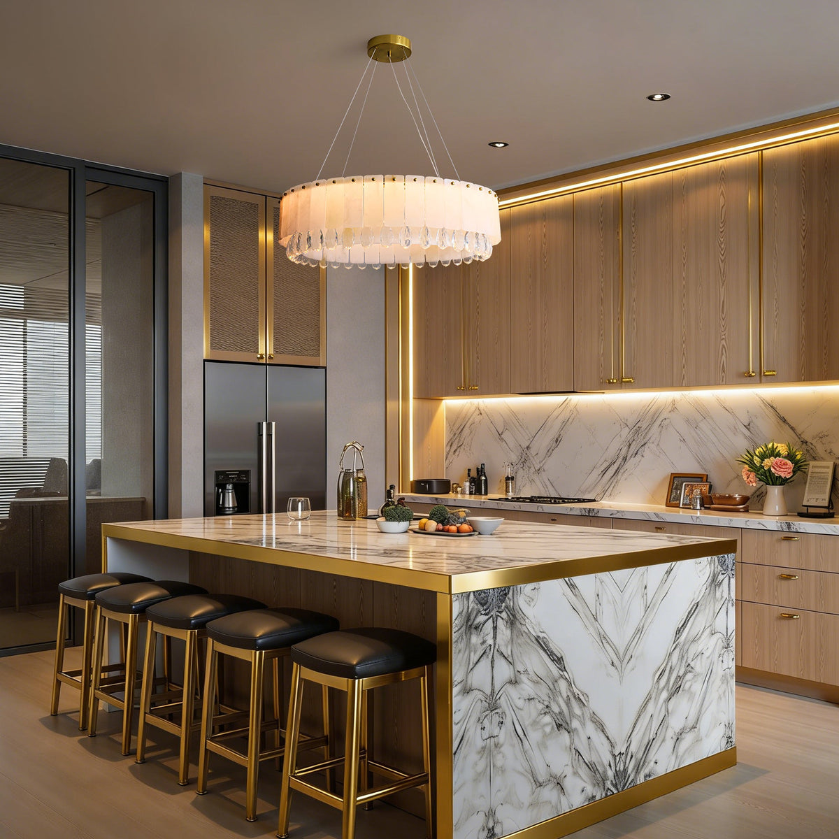 aurevia modern luxury gold natural alabaster crystal round chandelier kitchen island sofary lighting