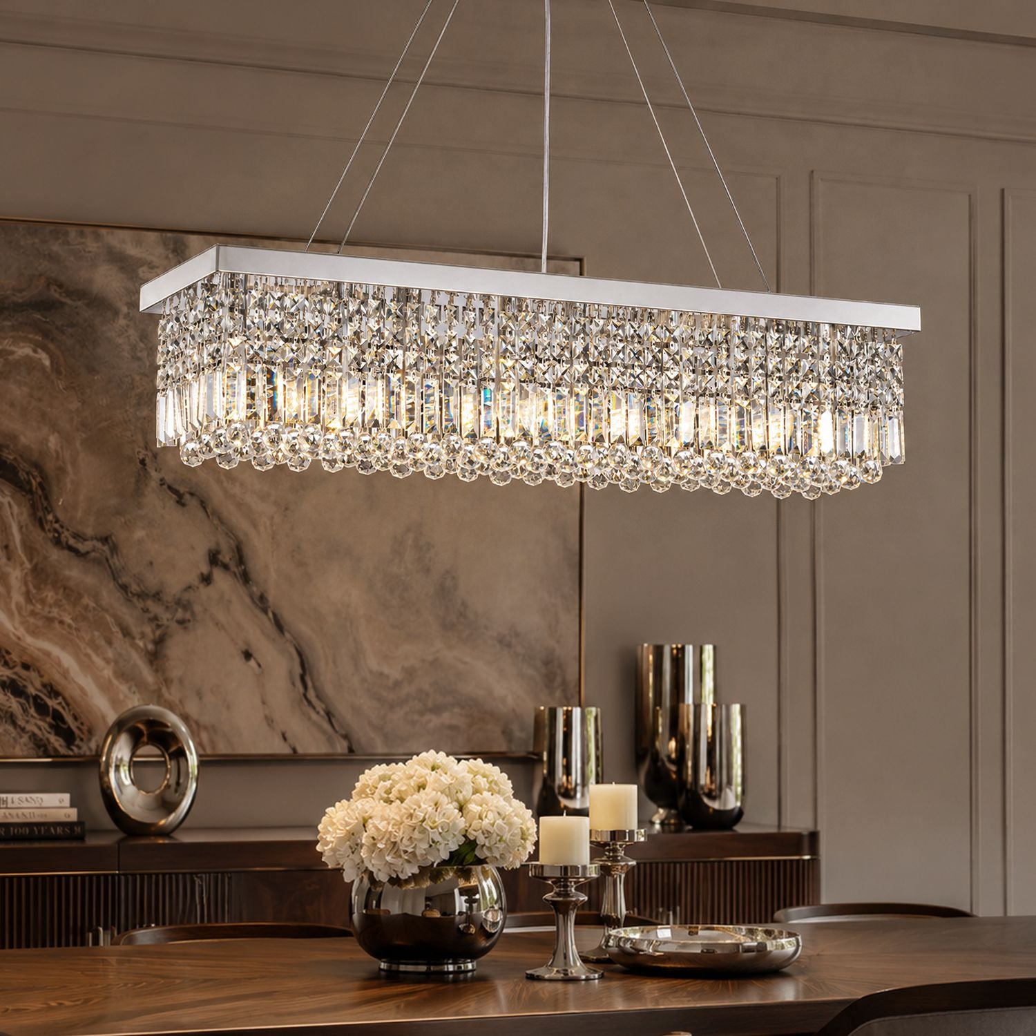Avalon Modern Luxury Chrome K9 Crystal Rectangular Crystal Raindrop Chandelier Dining Room