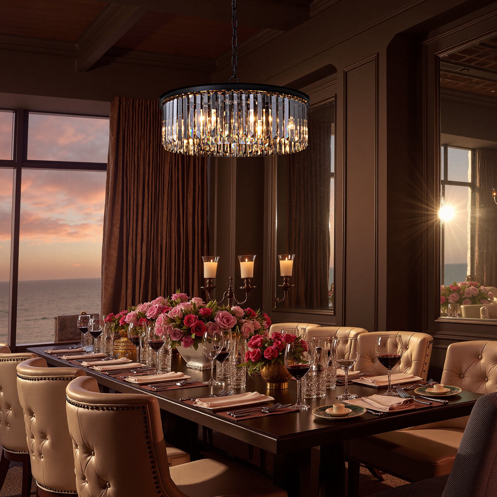 black-crystal-chandelier-round-design-pendant-light-dining-room-with-windows