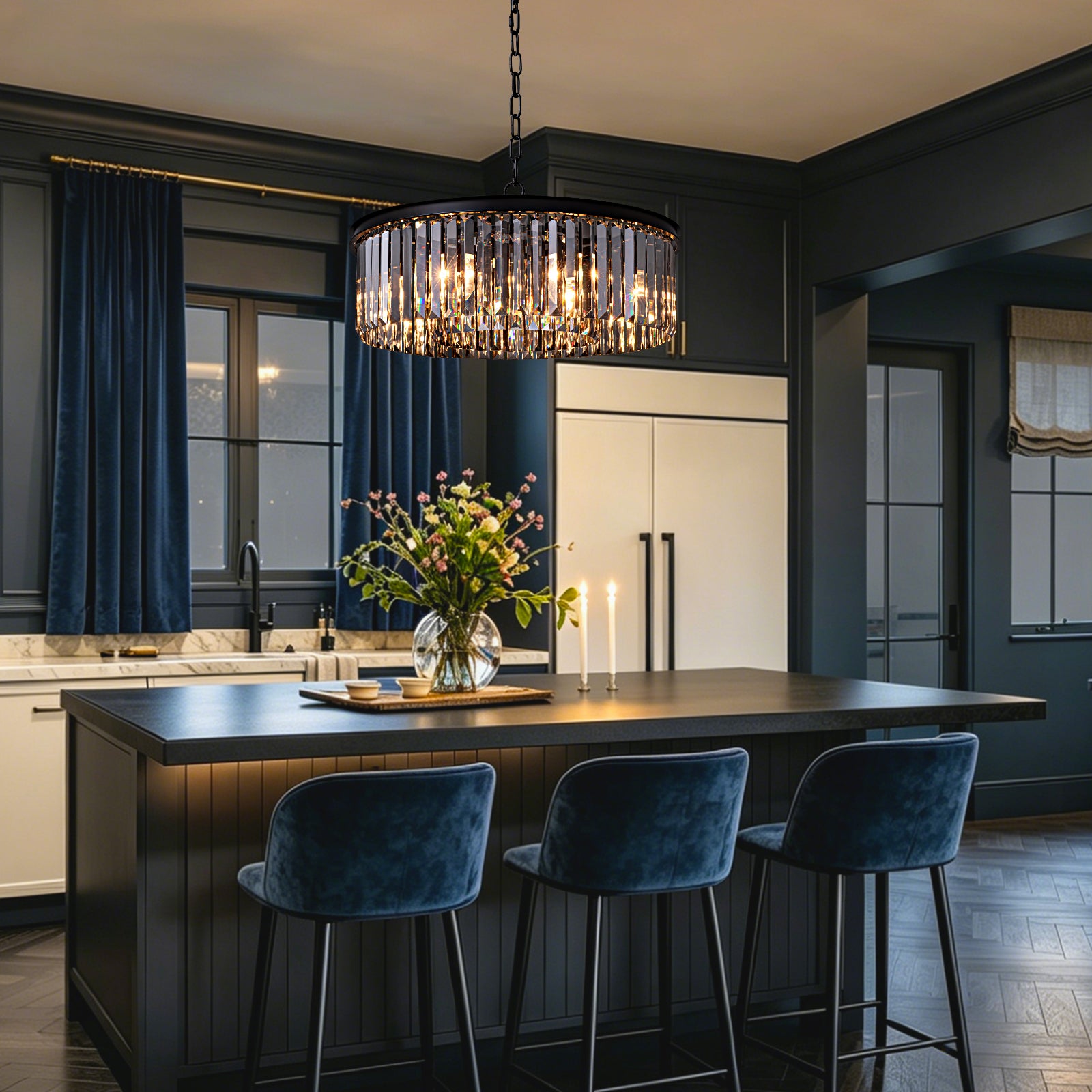 black-crystal-chandelier-round-design-pendant-light-kitchen-island