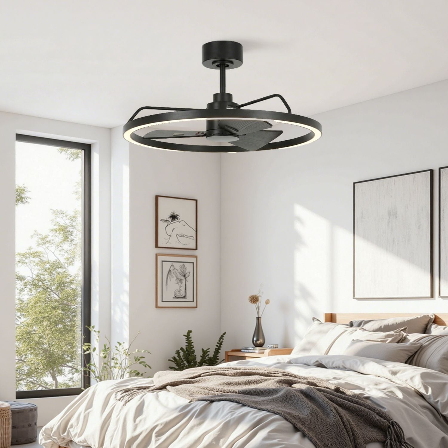 modern black led ceiling fan installed in bright minimalist bedroom interior