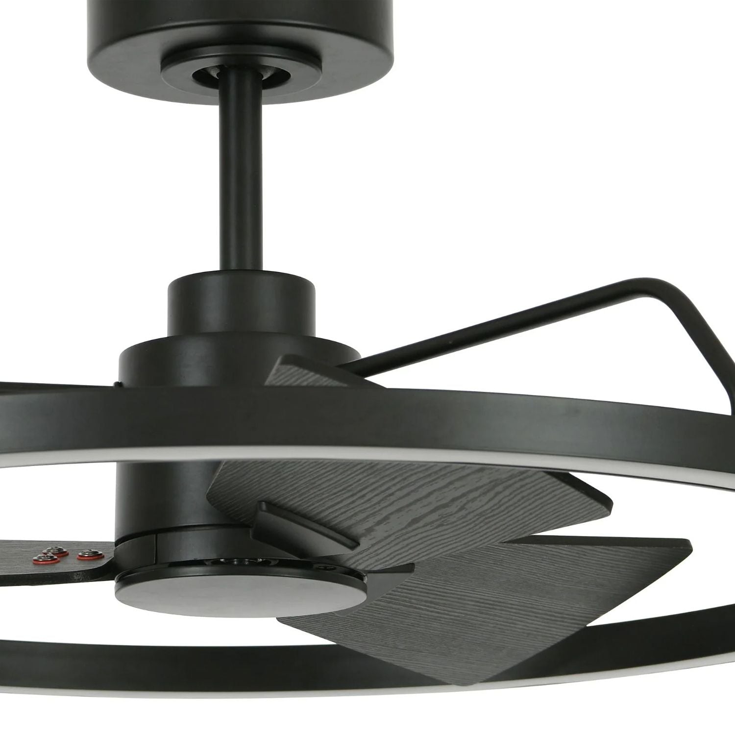 close up of black ceiling fan motor and led ring light structure