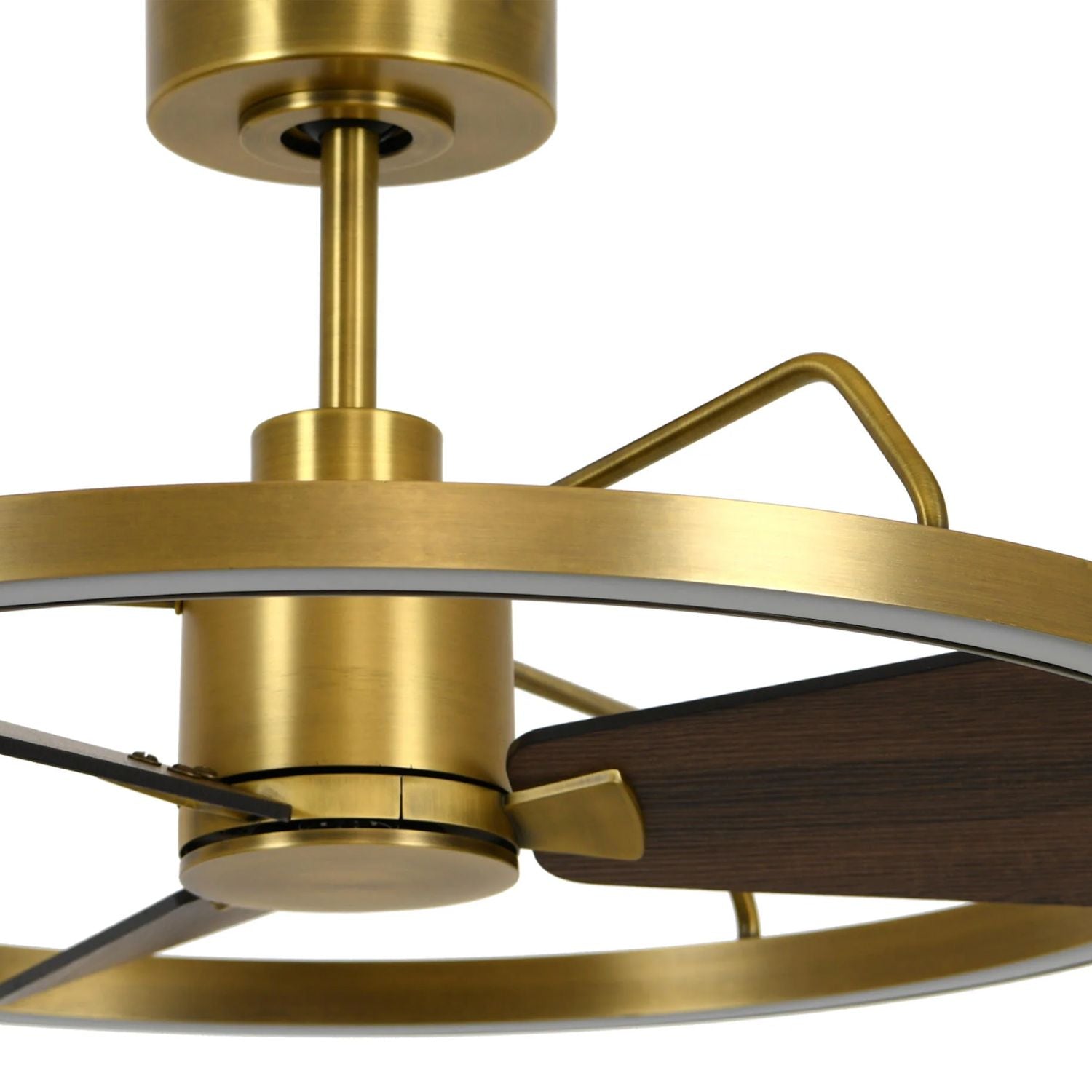 close up detail of brass ceiling fan motor and led ring light design