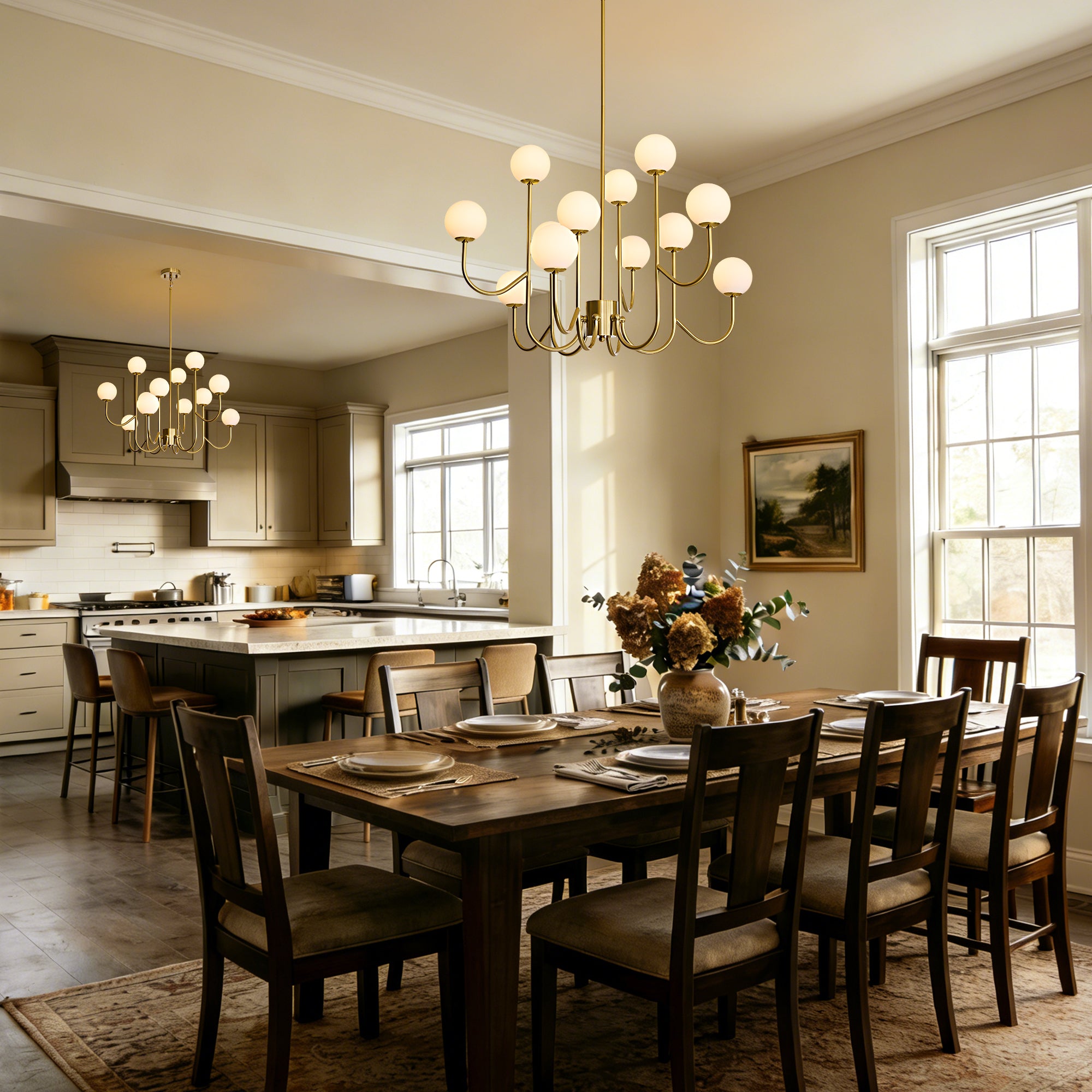 brielle-modern-brass-glass-globe-branch-chandelier-above-the-table-of-dining-room-and-kitchen-island