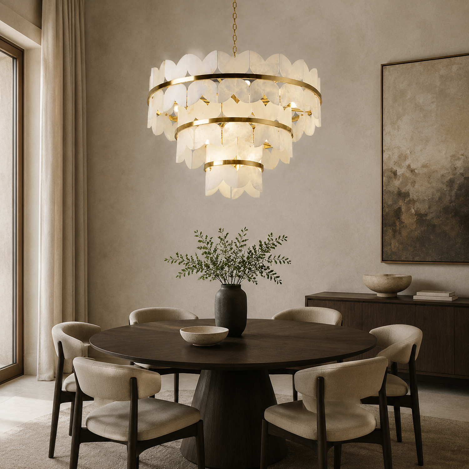 Caeloria luxury gold natural alabaster petal tiered chandelier