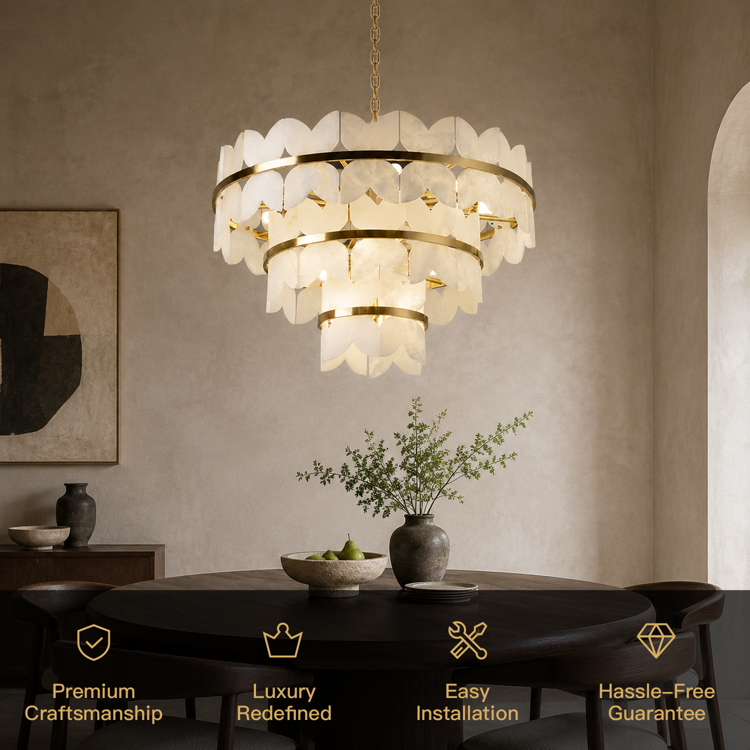 Caeloria luxury gold natural alabaster petal tiered chandelier