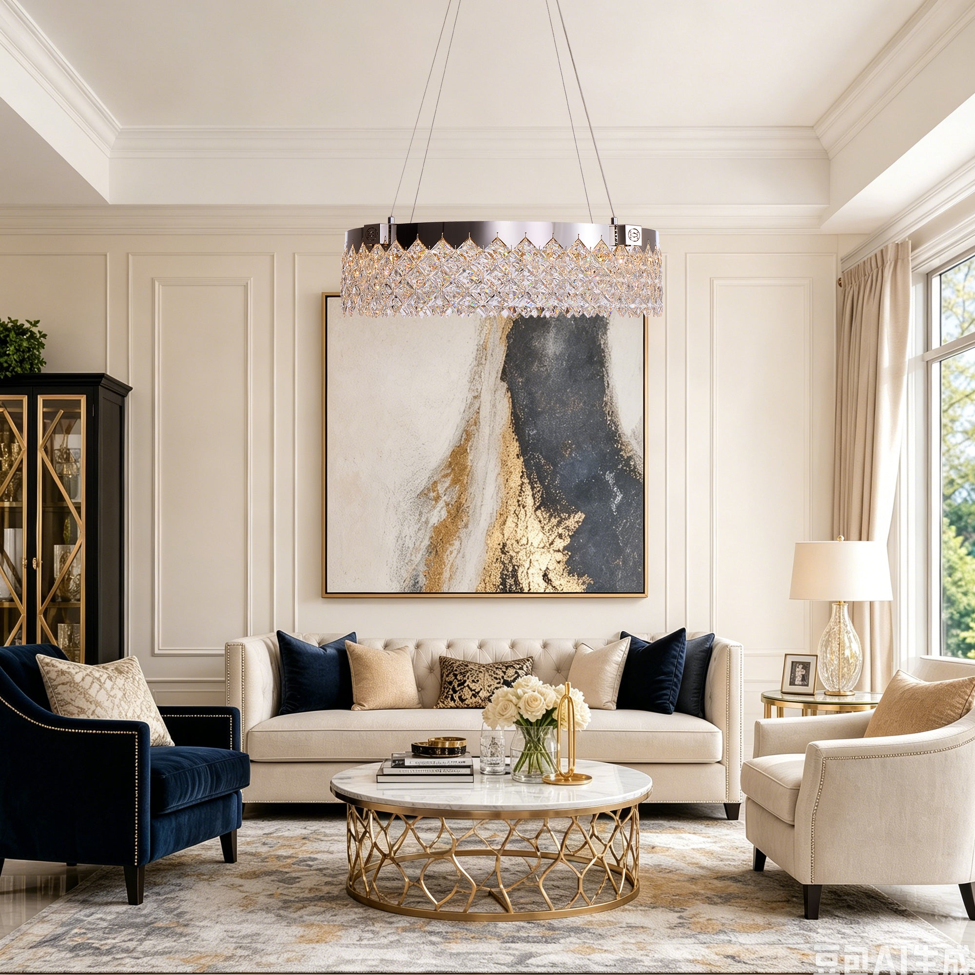 camille-modern-chrome-crystal-ring-cascade-chandelier-above-living-room-table