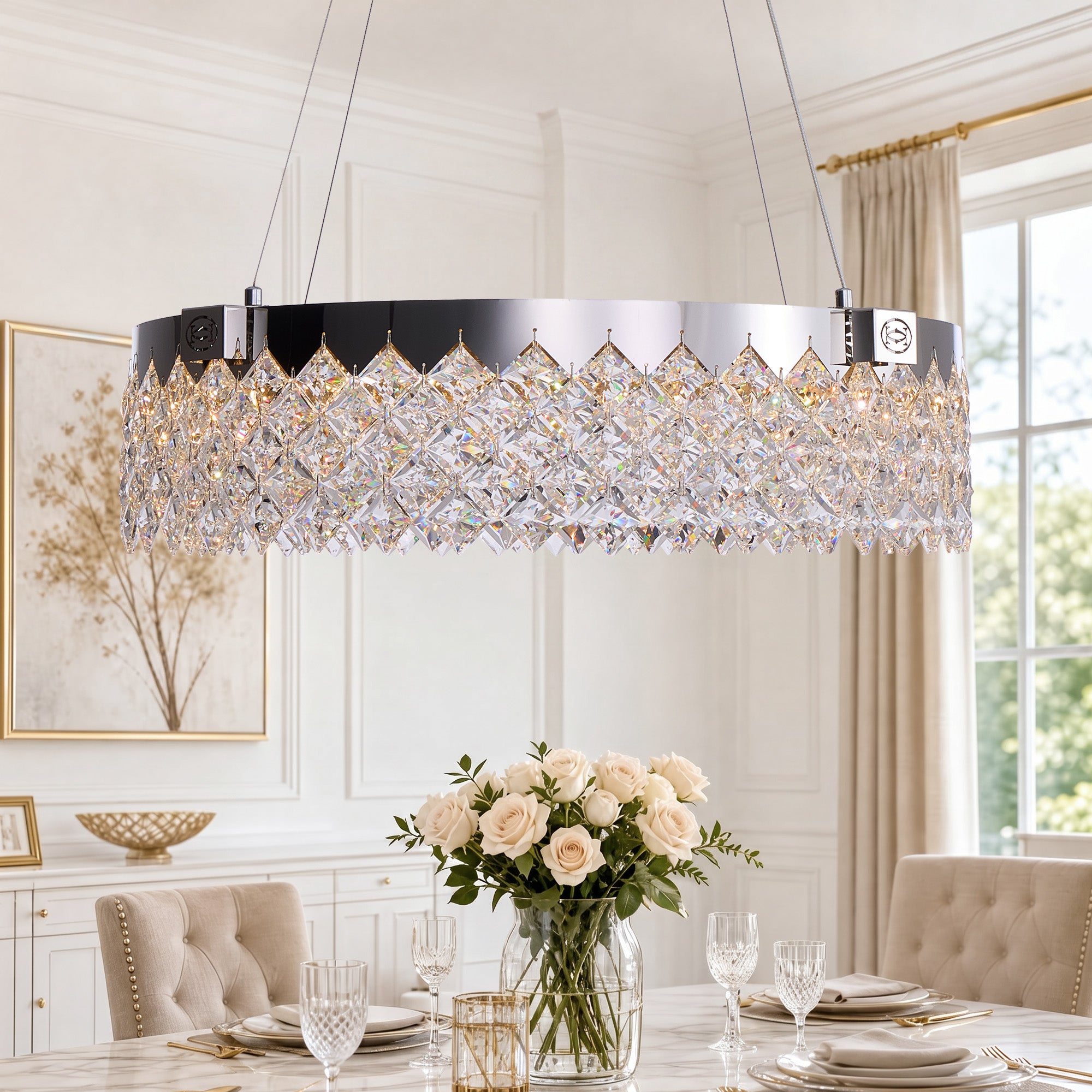 camille-modern-chrome-crystal-ring-cascade-chandelier-above-the-dining-room-table