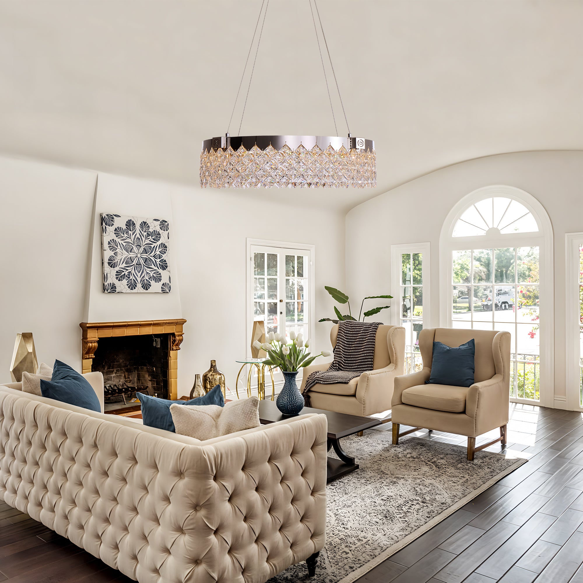 camille-modern-chrome-crystal-ring-cascade-chandelier-above-the-living-room