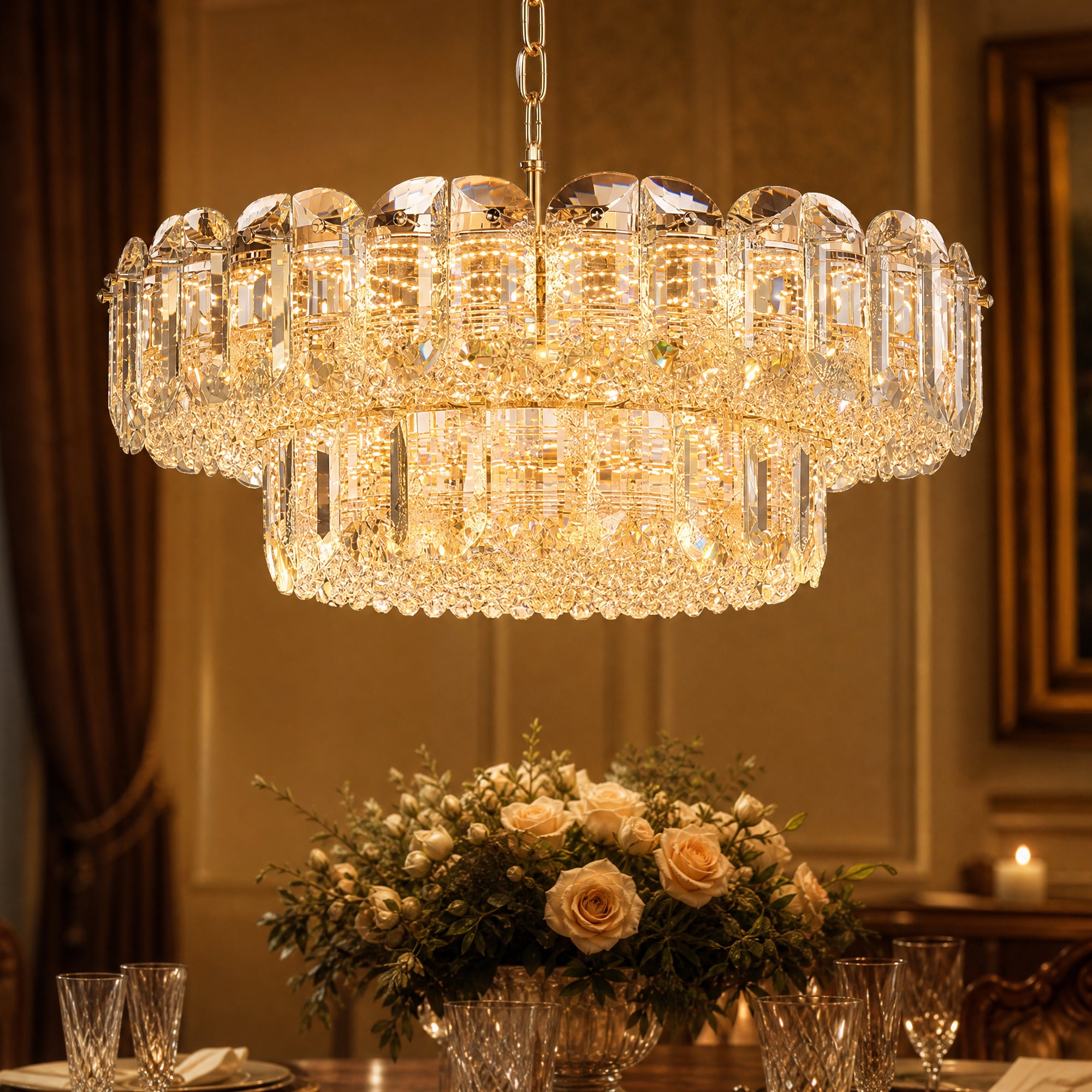 Corvenza Modern Luxury Gold Crystal Tiered Round Chandelier