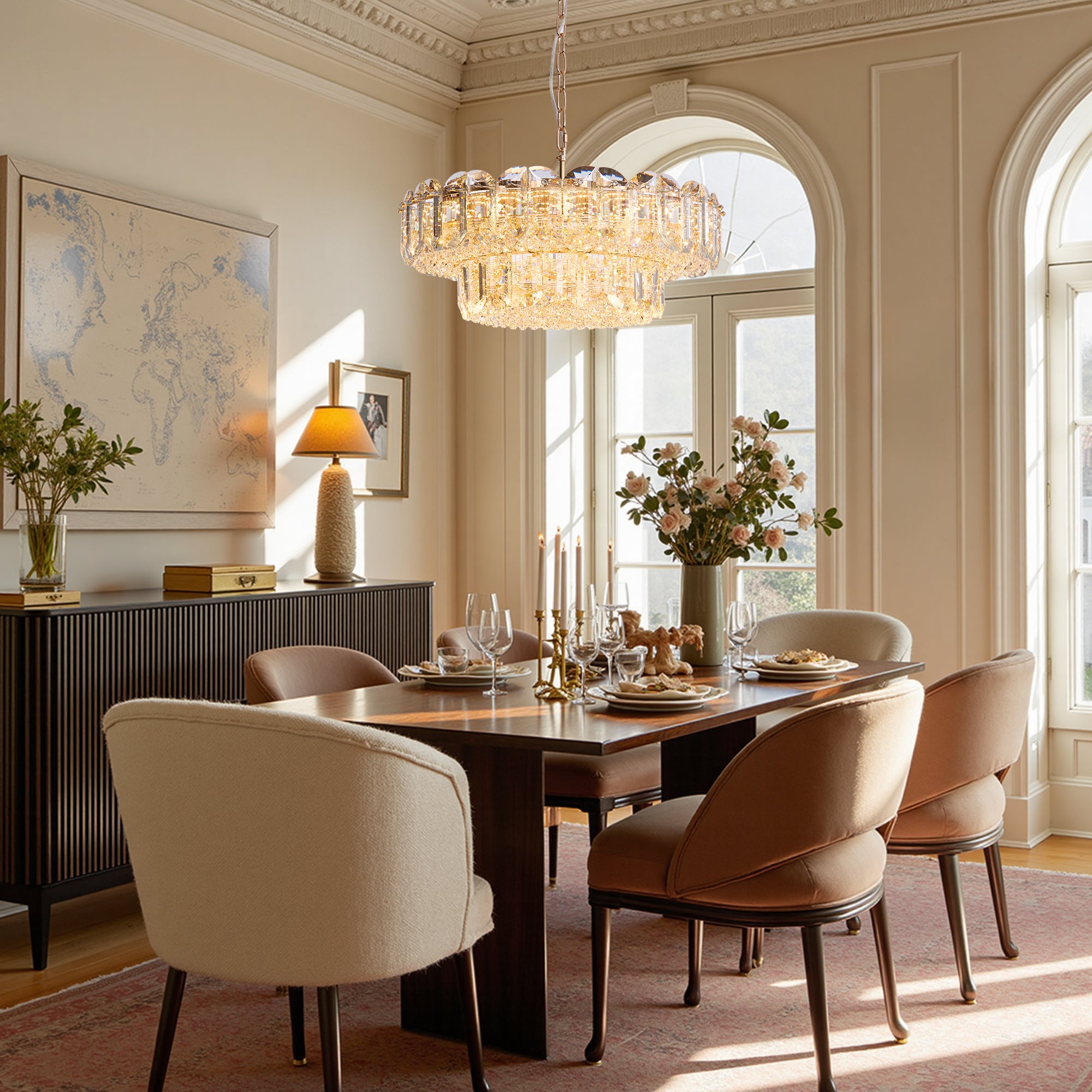 Corvenza Modern Luxury Gold Crystal Tiered Round Chandelier