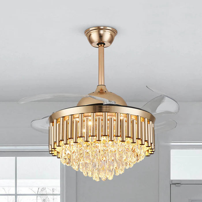 Crownelle Luxury K9 Crystal Retractable Ceiling Fan Chandelier — a golden ceiling fan with retractable transparent blades and cascading K9 crystals, shown in an off state against a white ceiling