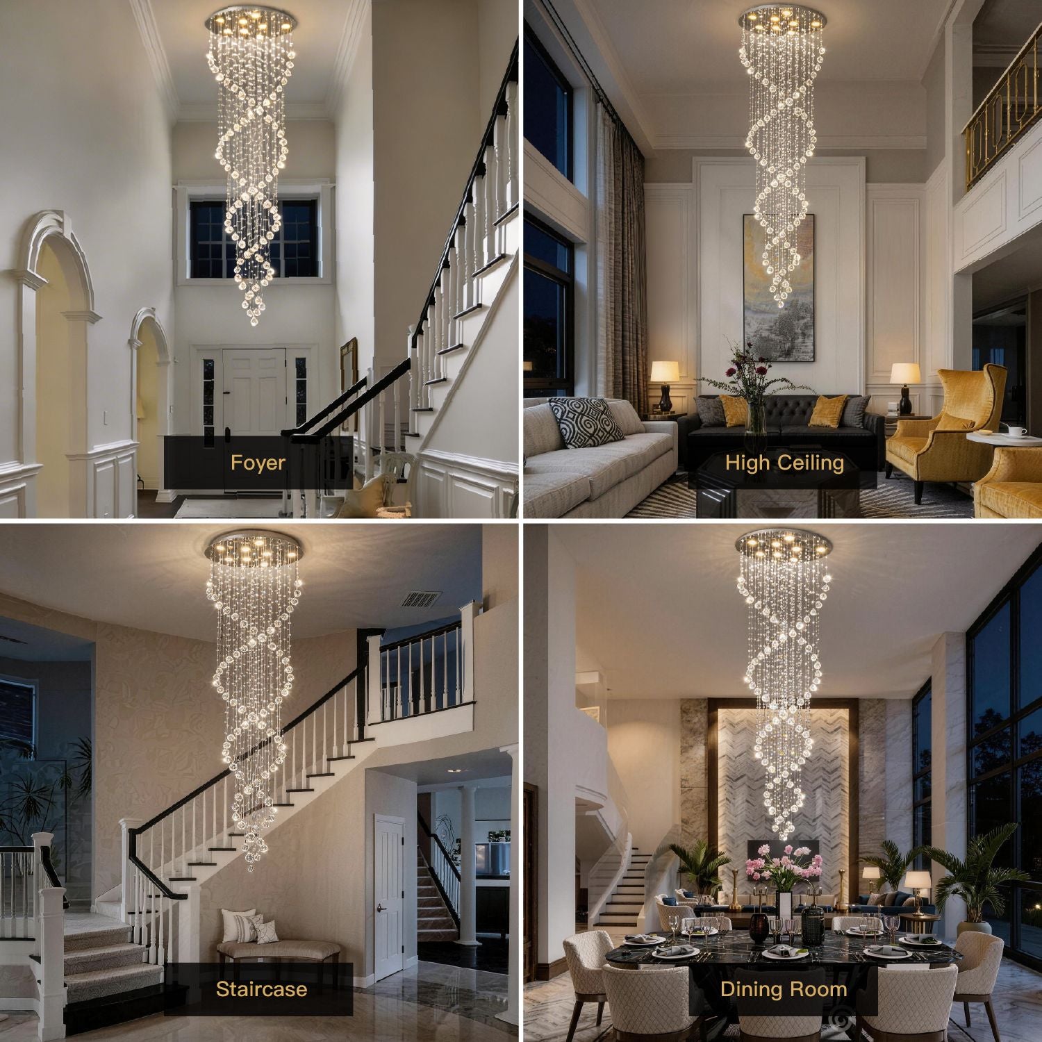 double spiral crystal chandelier used in foyer staircase high ceiling living room and dining room interiors | Sofary