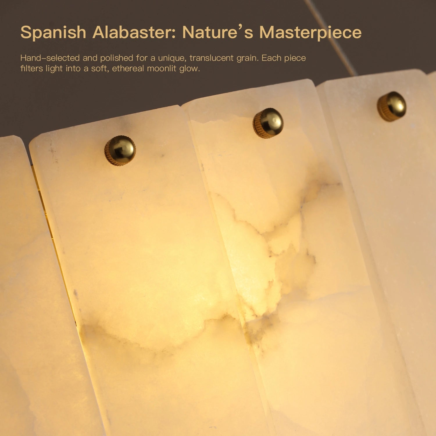 Spanish alabaster described as nature's masterpiece, hand-selected and polished for a unique translucent grain, with each piece filtering light into a soft, ethereal moonlight glow. Sofary Lighting