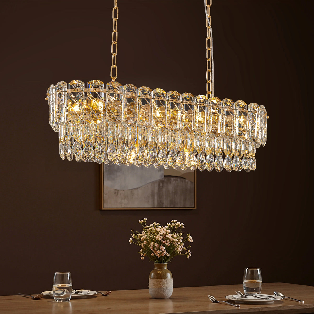 Rectangular Crystal Light Elara Gold Crystal Rectangular Chandelier – Luxury Lighting Statement ...