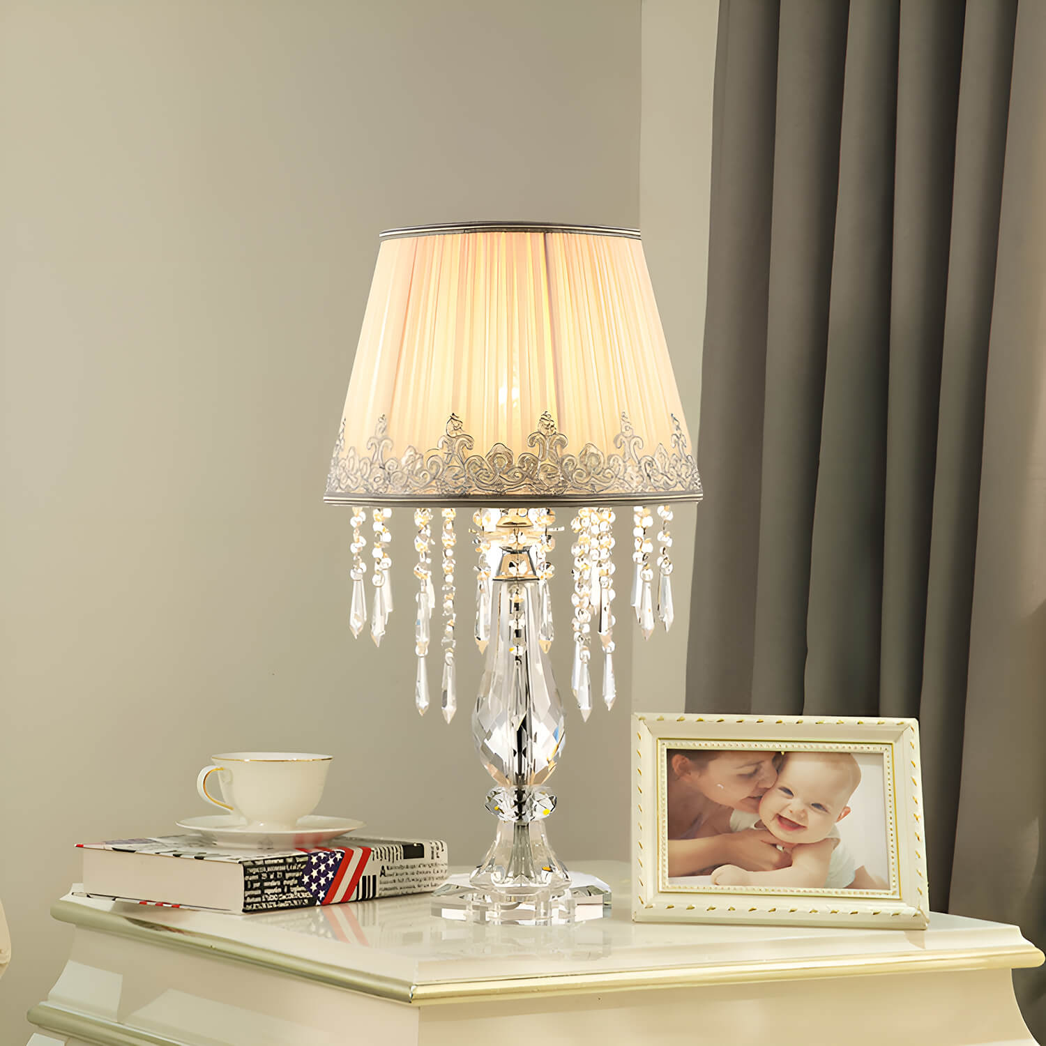 Elegant White Ruched Fabric Crystal Table Lamp - Set of 2